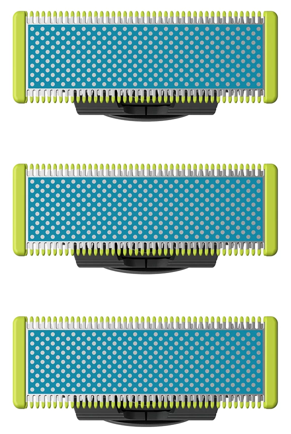 Trzy głowice do golenia. Każda ma turkusową powierzchnię z białymi kropkami. Zielona ramka po bokach. Czarna podstawa ze srebrnymi ostrzami.