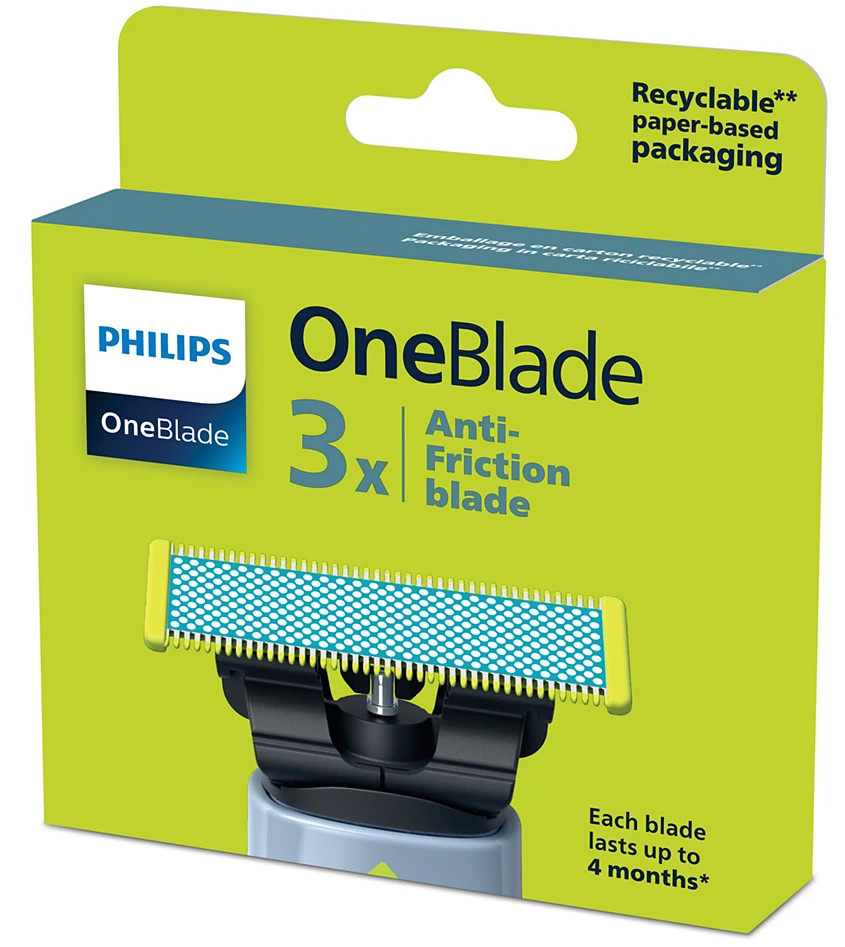 Pudełko Philips OneBlade. Wyświetla ostrze do golenia z niebiesko-żółtym ostrzem. Pudełko jest zielone z tekstem i logo Philips.