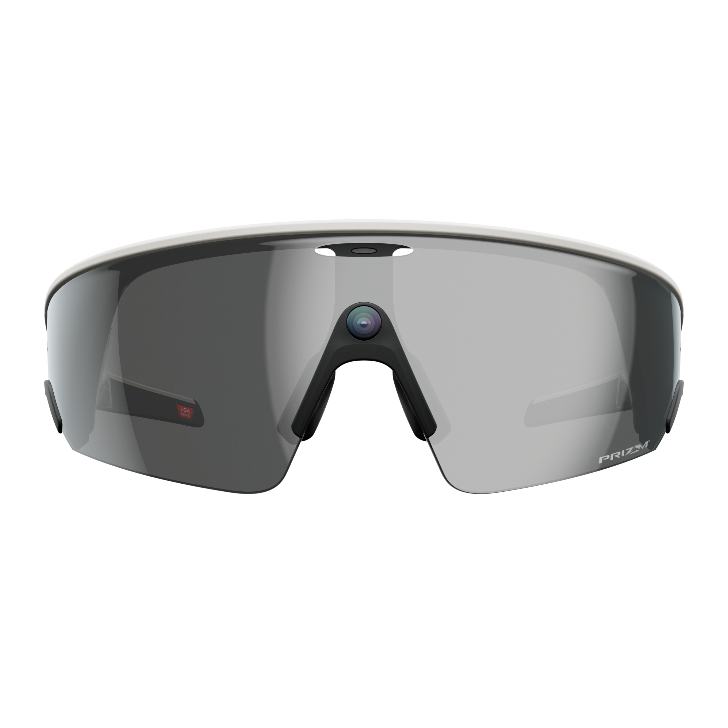 Sportsonnenbrille mit schwarzem Rahmen, grauen Gläsern und einer kleinen Kamera. USA-Design auf der Seite.