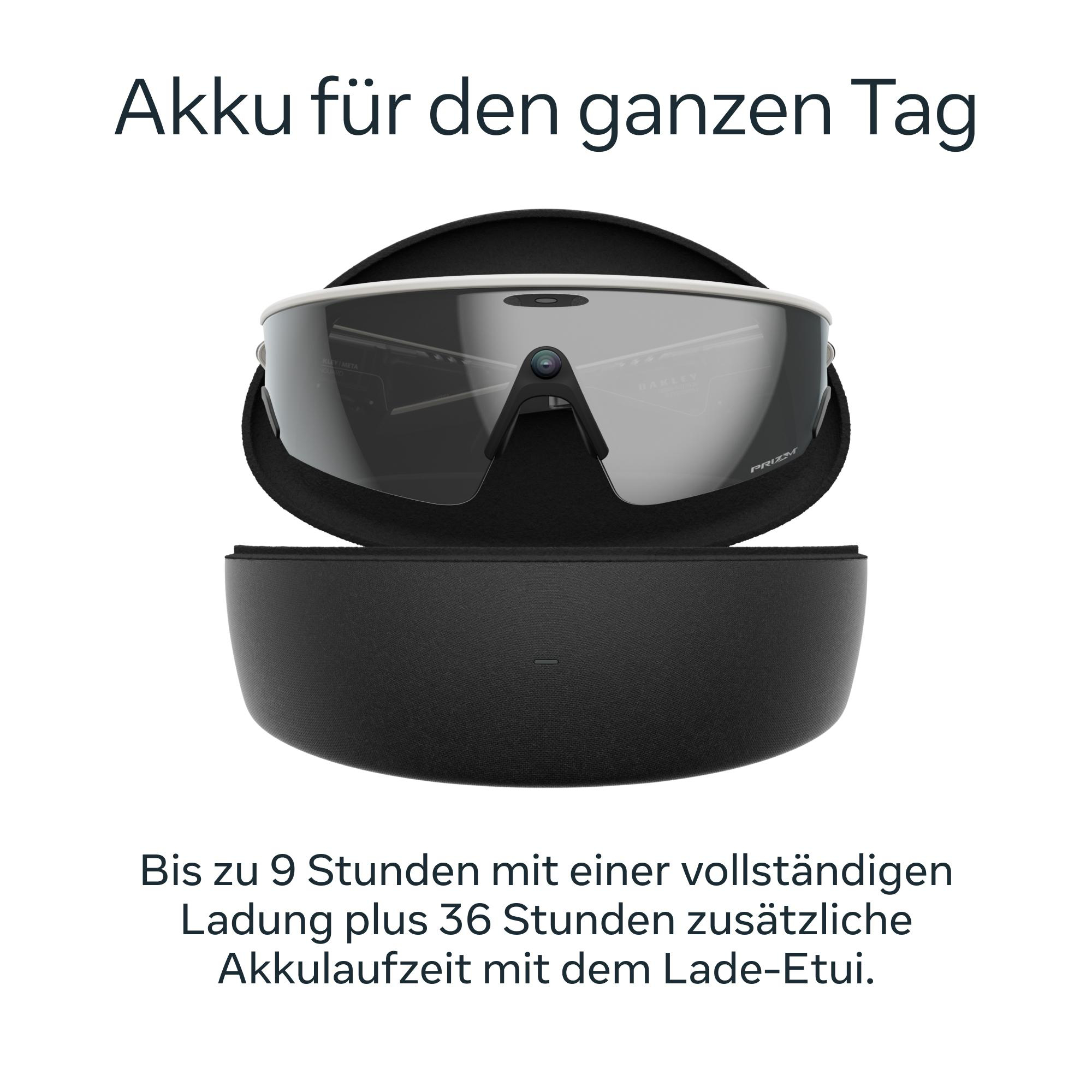 Sonnenbrille in einem Etui, mit Text über die Akkulaufzeit. Text beinhaltet: Akku für den ganzen Tag, bis zu 9 Stunden.
