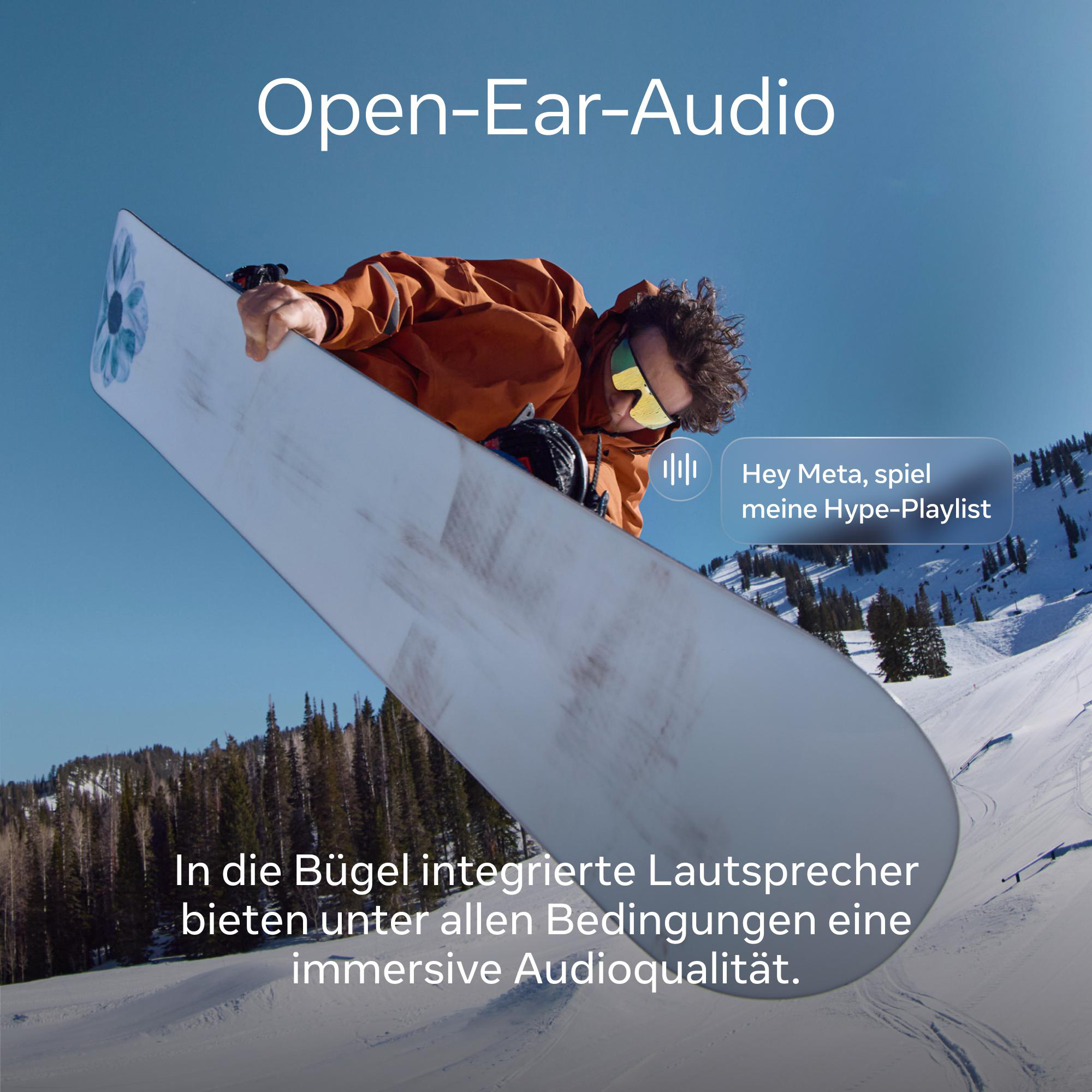 Snowboarder in orangefarbener Jacke mit Snowboard in der Luft. Text: 'Open-Ear-Audio'. Schneebedeckte Berge im Hintergrund.