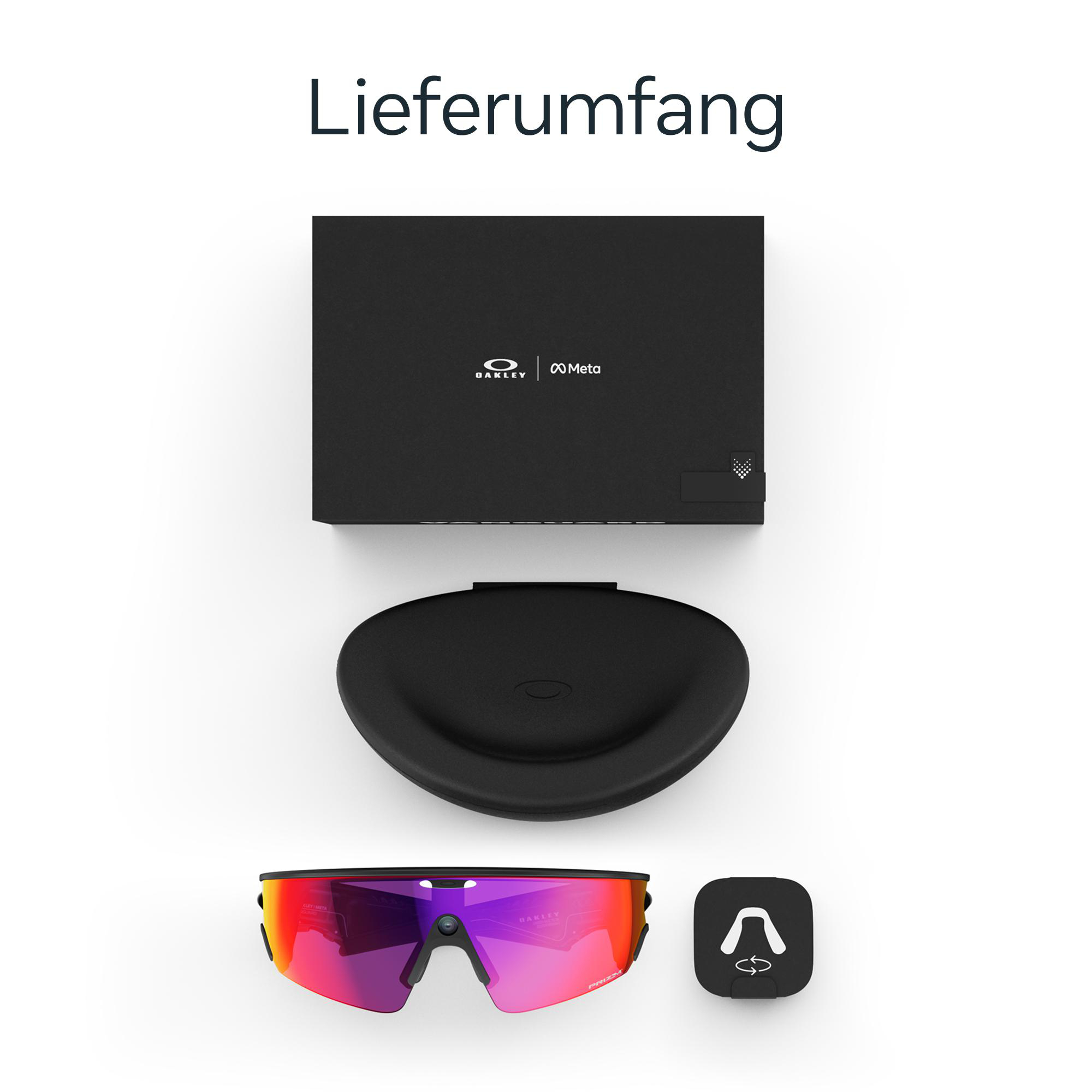 Produktset enthält Brille, Etui, Box und Symbol. Brille hat rot-violette Gläser. Hintergrund ist weiß mit Text.