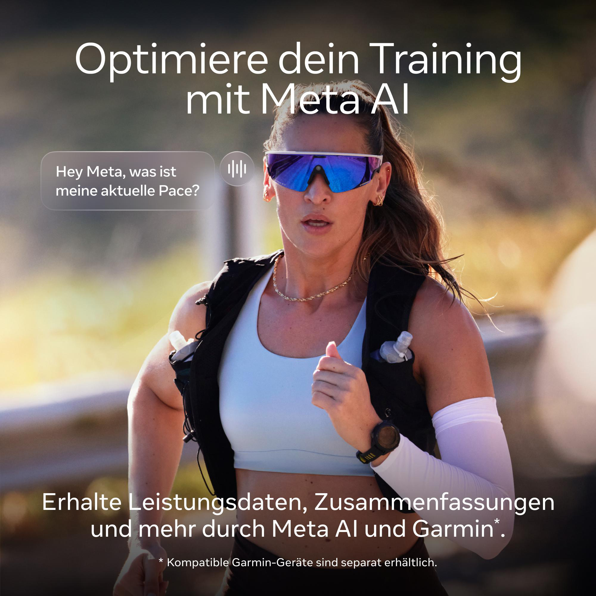 Eine Frau rennt mit Sonnenbrille. Text sagt 'Optimieren Sie Ihr Training mit Meta AI'. Es bewirbt Leistungsdaten und Garmin.