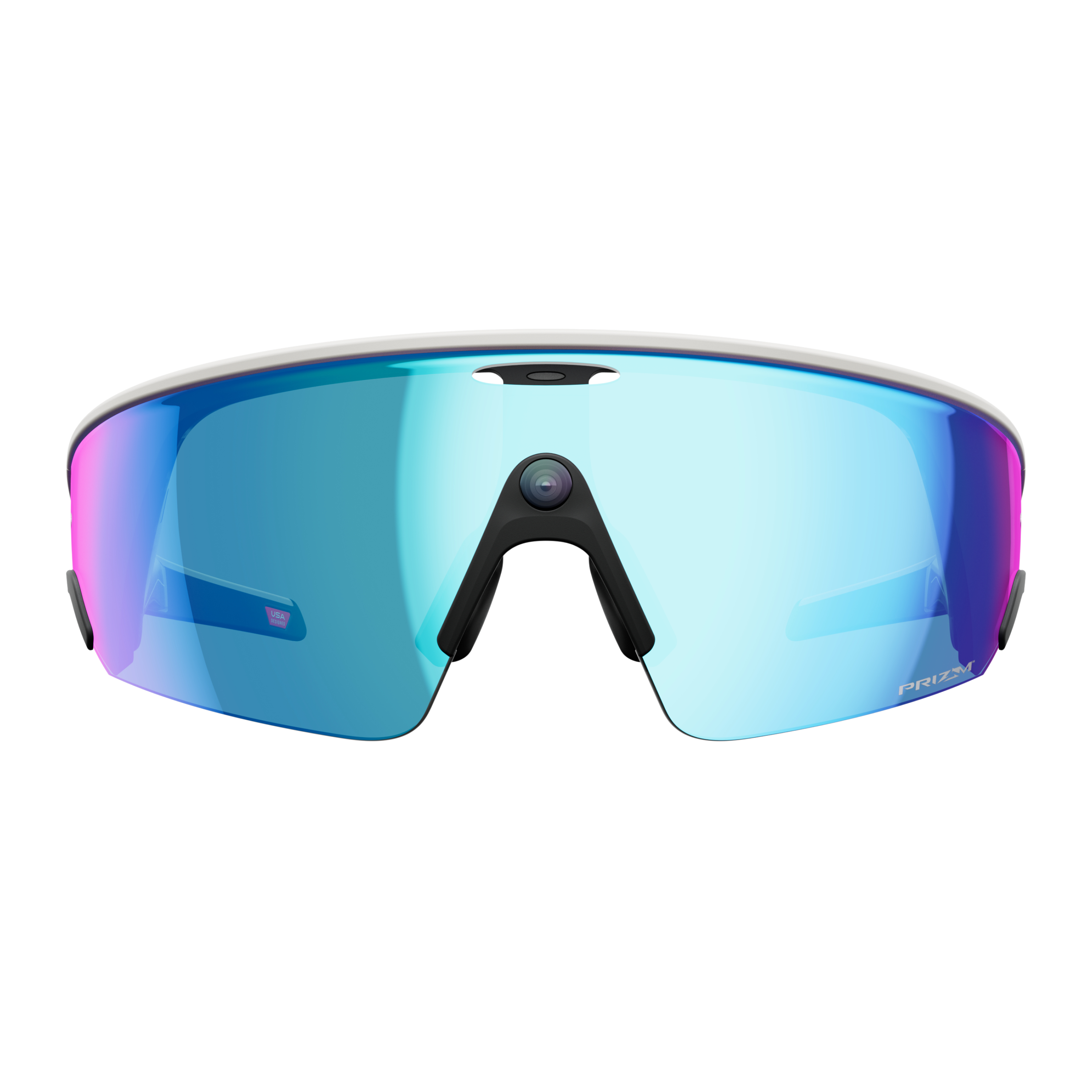 Sportsonnenbrille mit blau und pink verspiegelten Gläsern, schwarzem Nasensteg und weißem Rahmen, isoliert auf weißem Hintergrund.