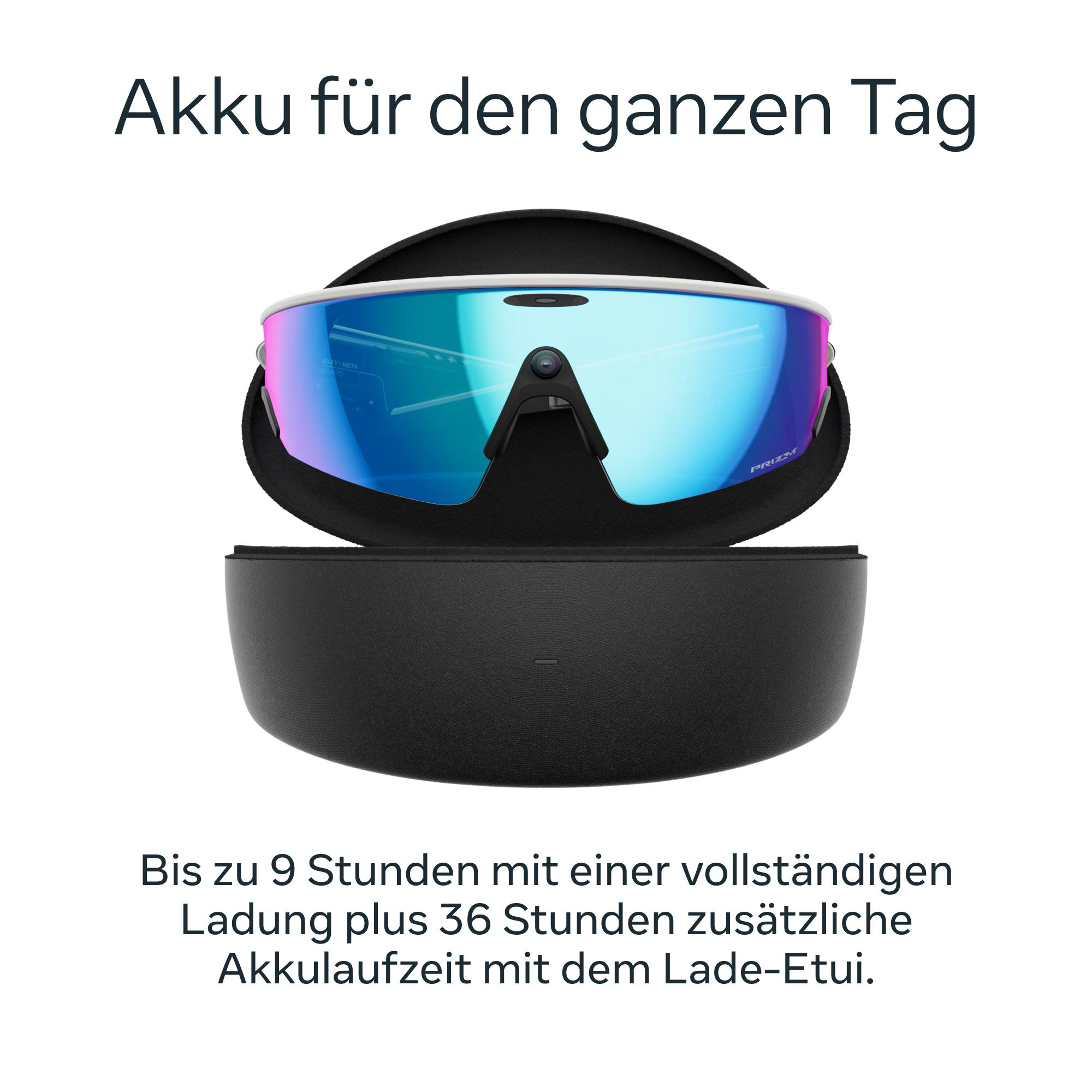 Sonnenbrille in einem Etui. Die Gläser sind blau und lila. Text oben und unten. Weißer Hintergrund.