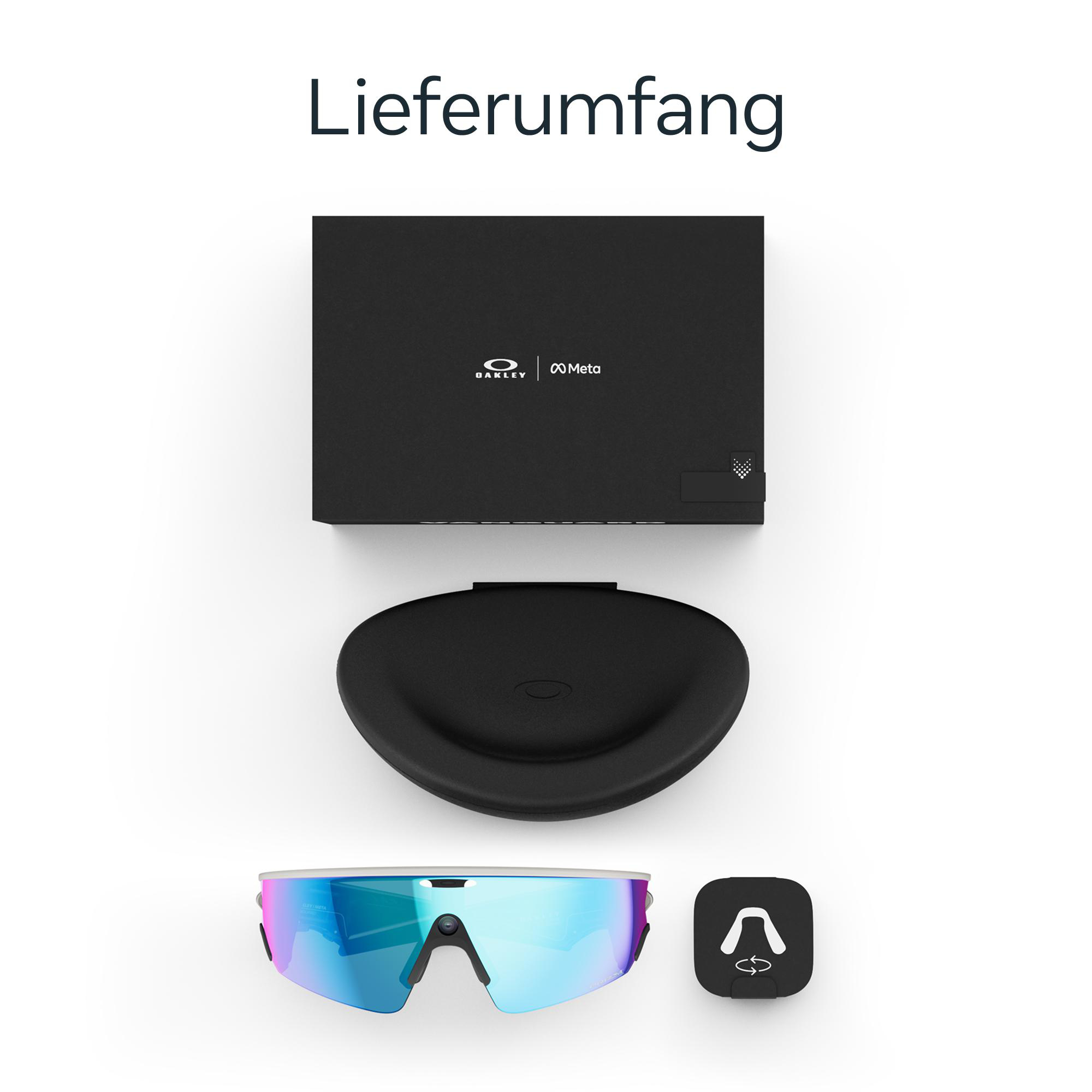 Ein Produktlayout zeigt eine Box, ein Etui, eine Brille und ein Logo-Symbol auf weißem Hintergrund. Die Brille ist blau und pink.