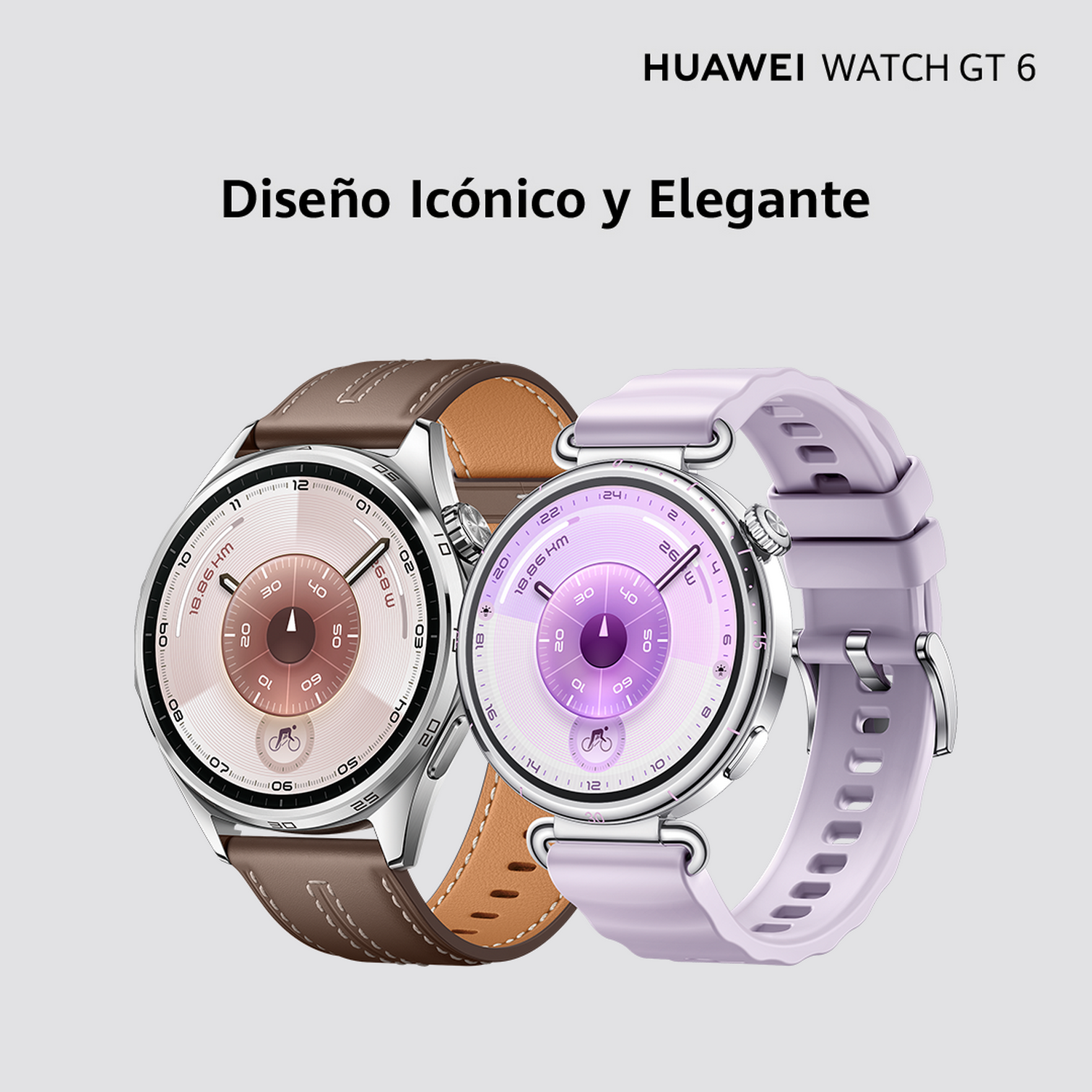 Dos smartwatches con correas marrones y moradas. Los relojes tienen esferas circulares y están sobre un fondo gris claro.