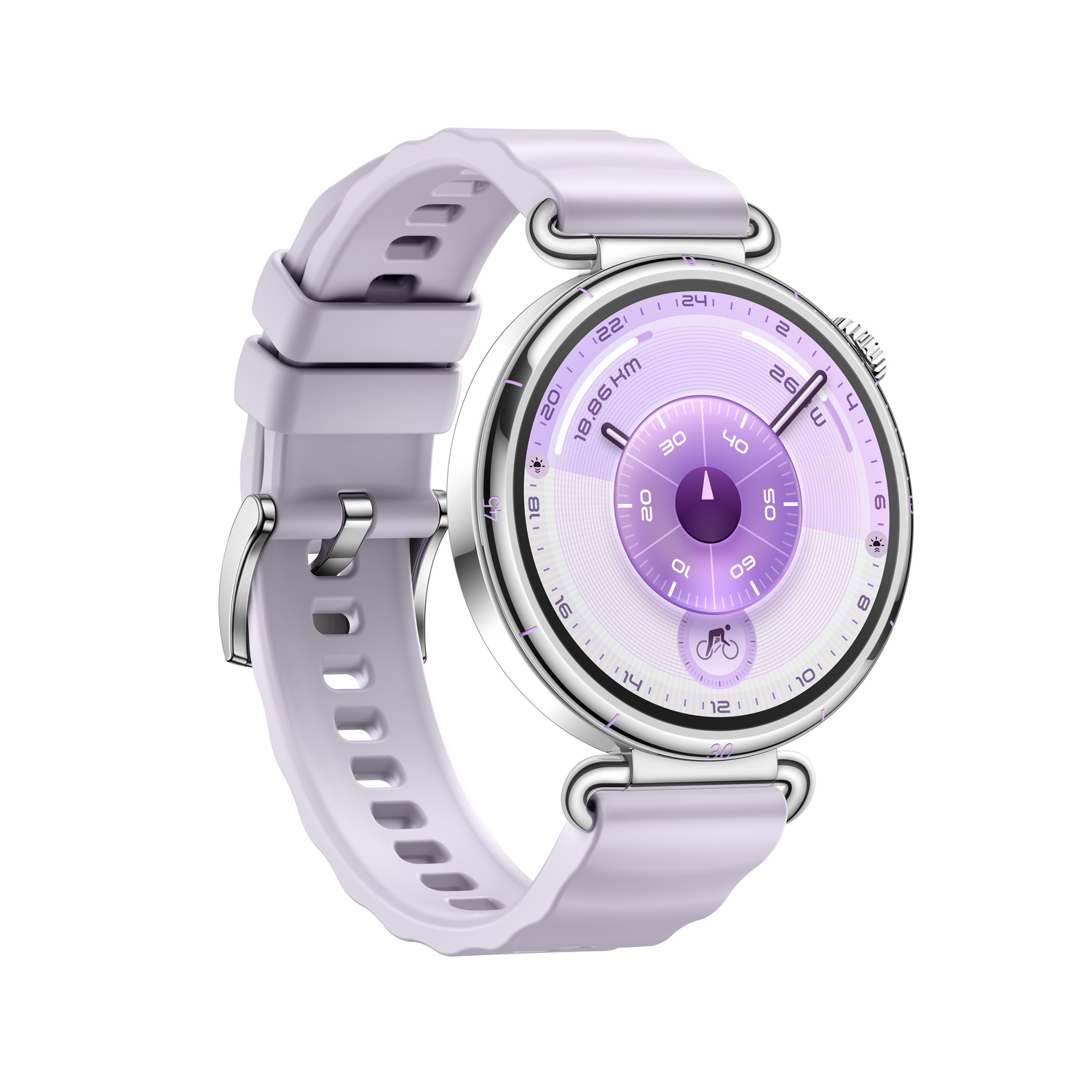 Un reloj inteligente lila claro con esfera redonda, bisel plateado y correa a juego. La esfera muestra números e icono de bicicleta.
