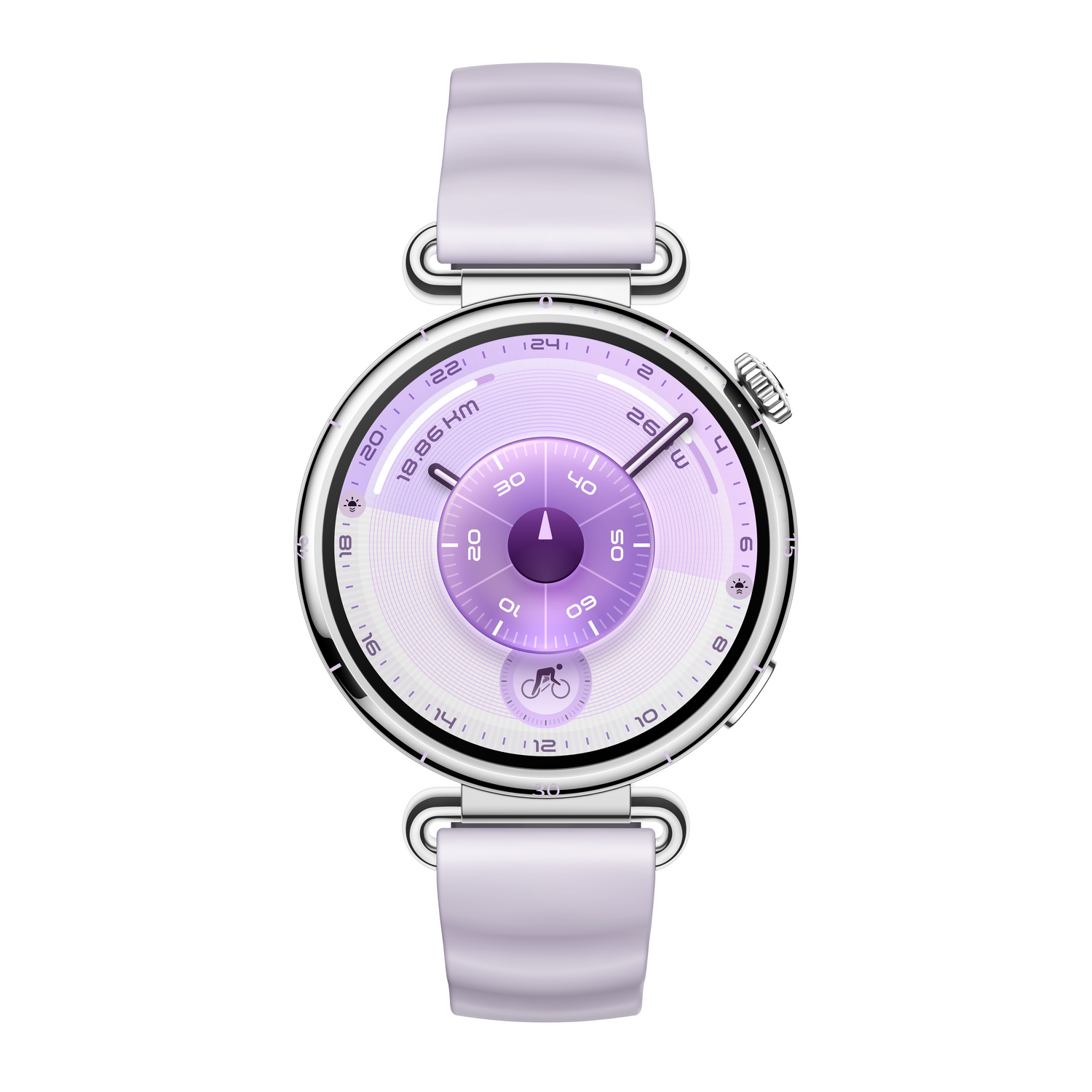 Un elegante reloj inteligente con esfera y correa lavanda. El reloj muestra la hora y métricas de actividad. El fondo es blanco.