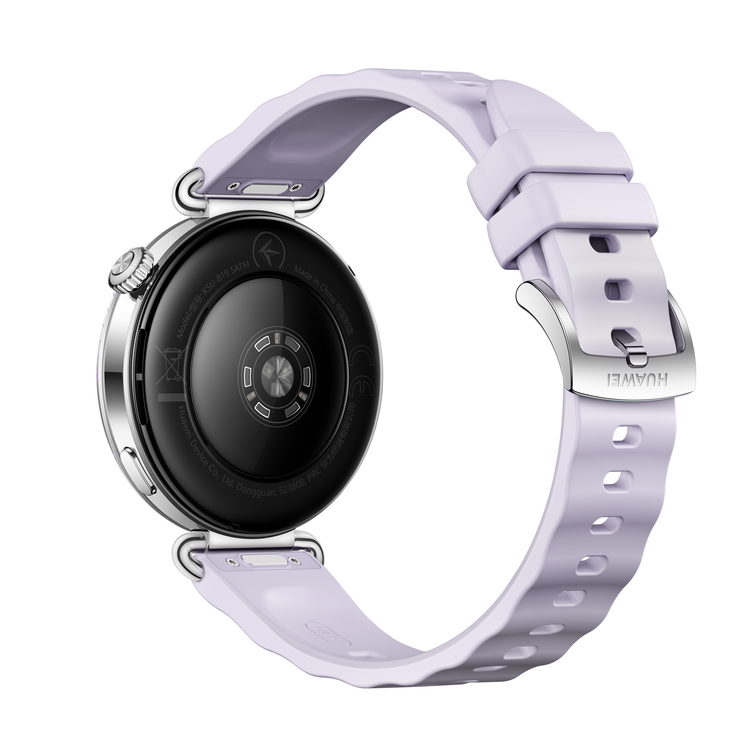 Un reloj inteligente Huawei de color púrpura claro. La parte trasera del reloj es negra, con una caja plateada y una correa lila a juego.