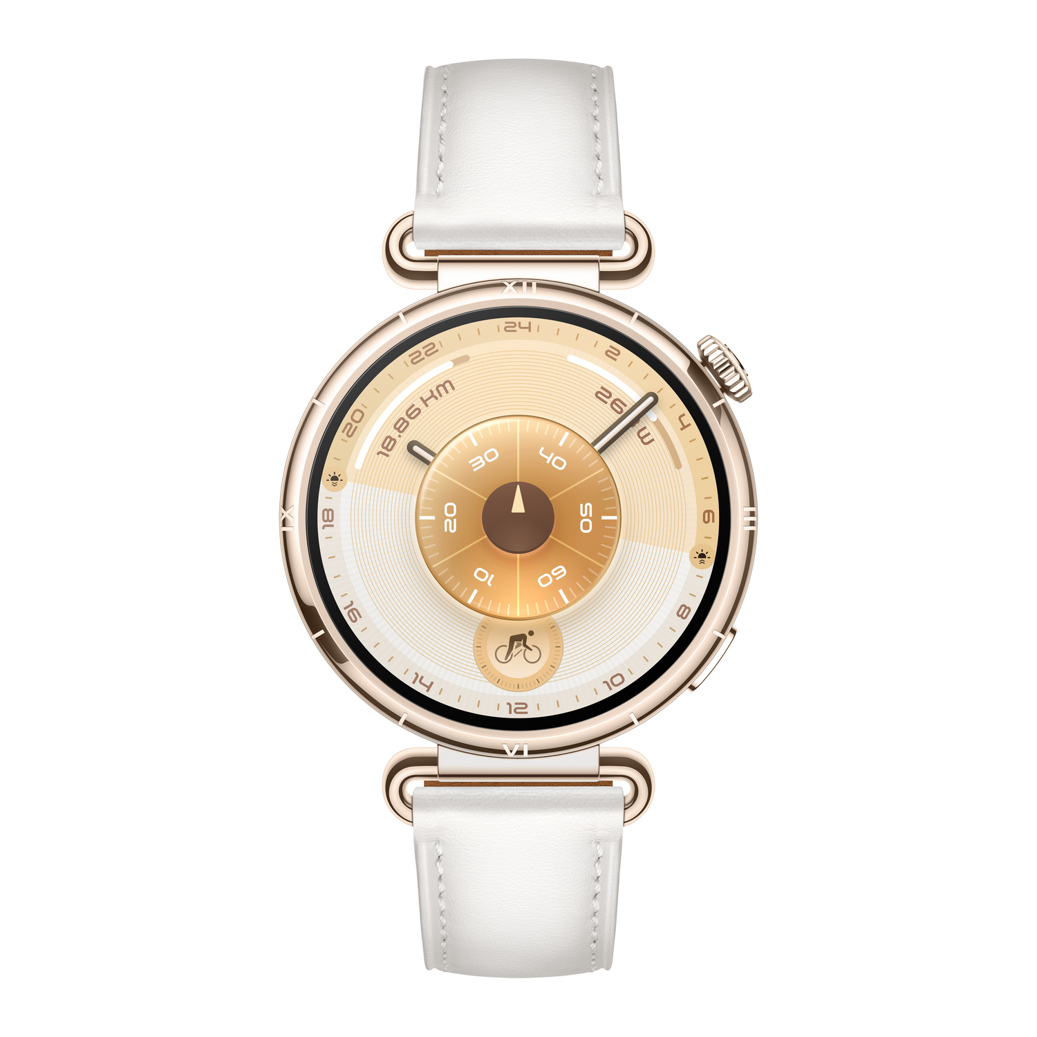 Un reloj inteligente dorado con correa de cuero blanco. La esfera muestra la hora y otras métricas. El fondo es blanco.