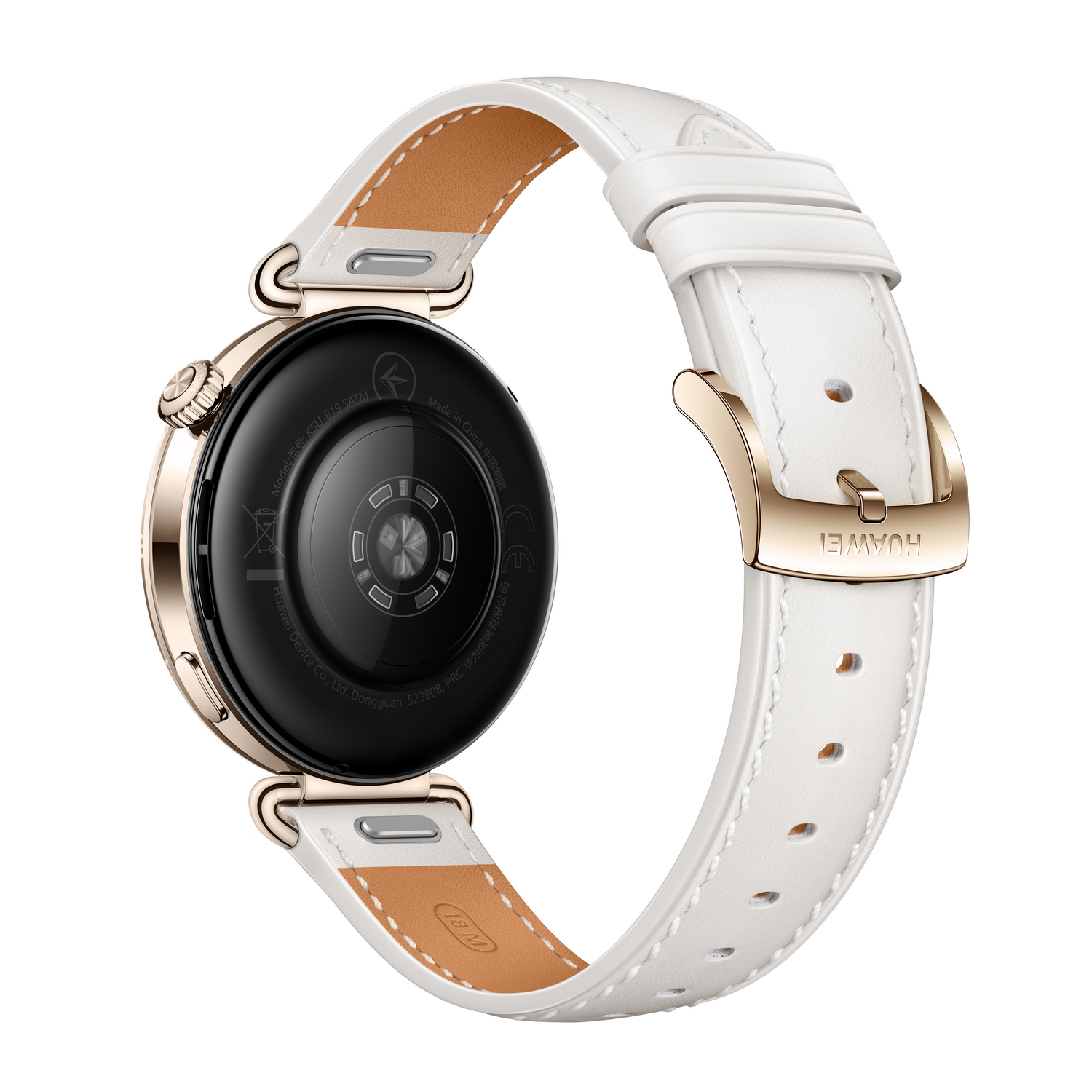 Un reloj inteligente blanco y dorado con correa de cuero. La esfera es negra. La correa es blanca con marrón en el interior.
