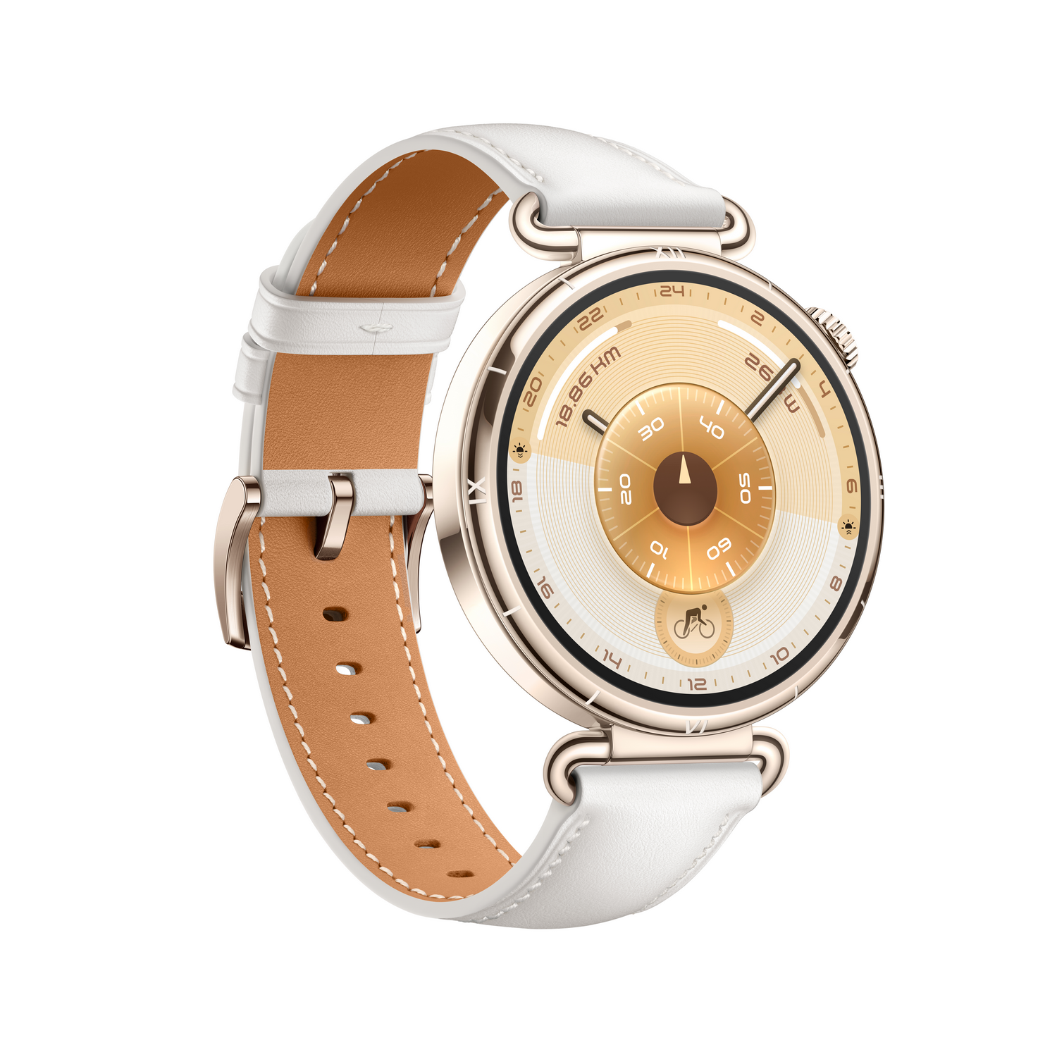Un reloj inteligente dorado con correa de cuero blanco, que muestra la hora y métricas. La esfera es dorada con marcas y números negros.
