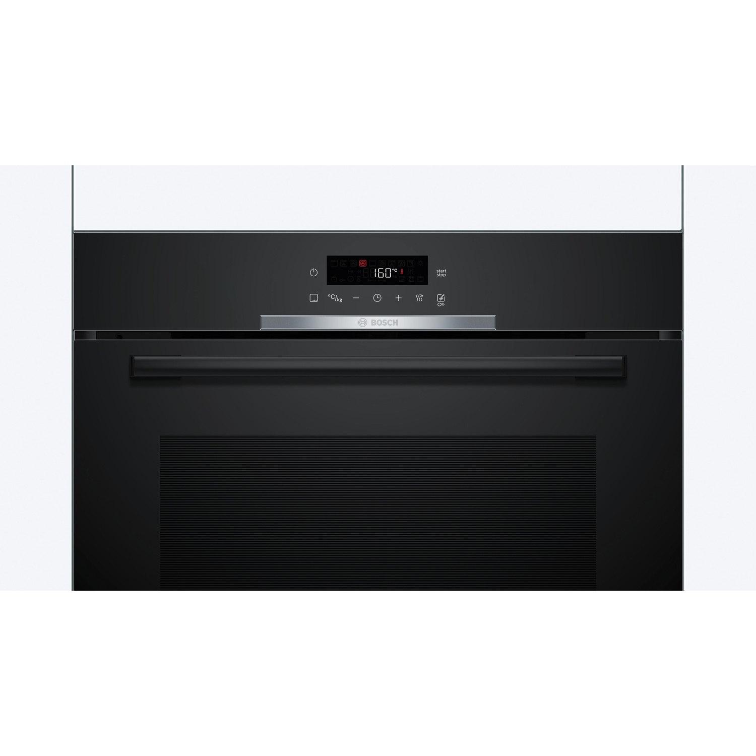 Un forno nero ad incasso con display digitale che mostra 160 gradi. Ha pulsanti di controllo e il logo Bosch in basso.
