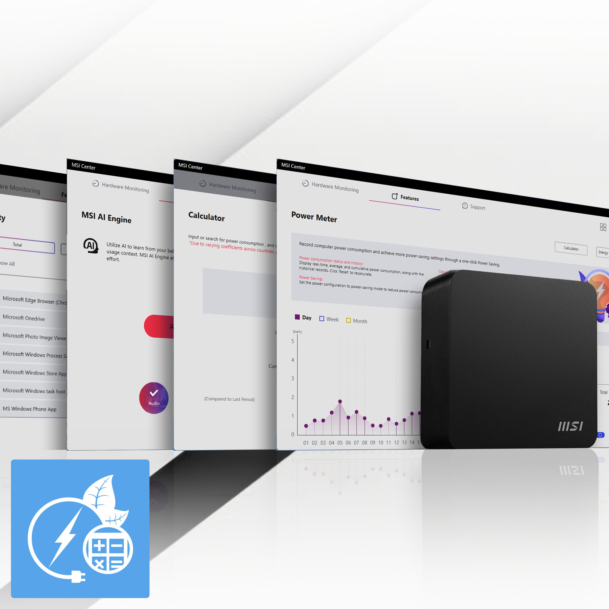 Screenshot zeigt das MSI Center mit Hardware-Überwachungstools: MSI AI Engine, Rechner und Power Meter mit einem Diagramm.
