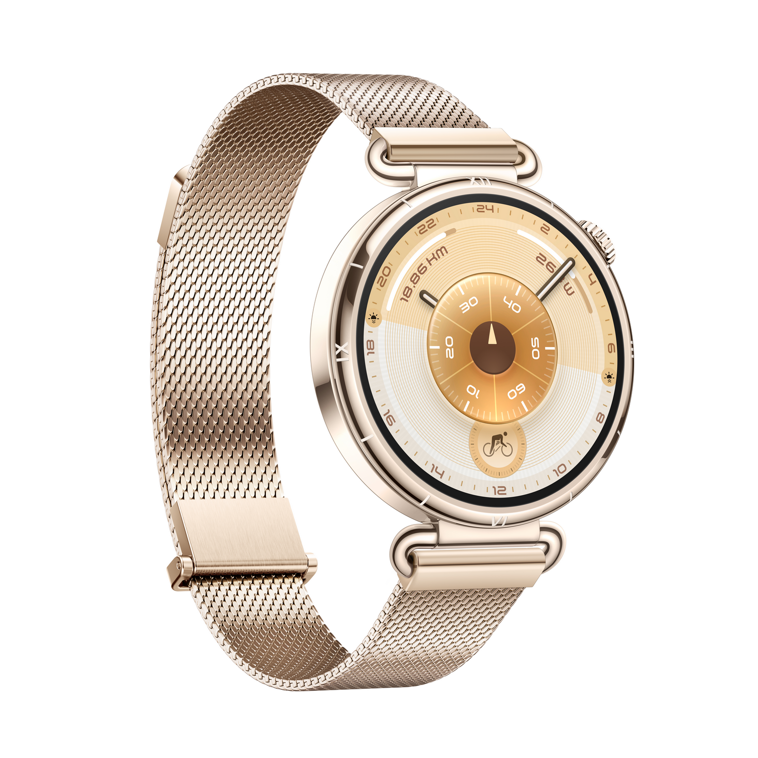 Un reloj inteligente dorado con una correa de malla. La esfera muestra números e iconos, incluyendo un símbolo de bicicleta. El fondo es blanco.