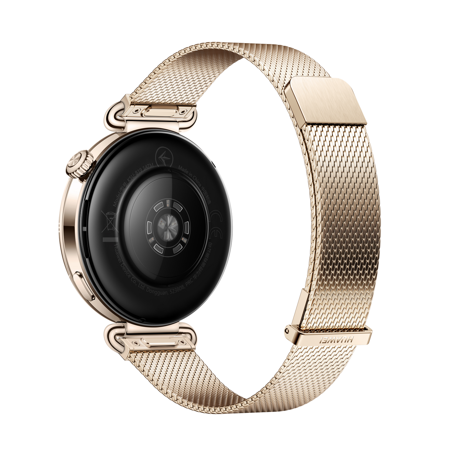 Un reloj inteligente dorado con una correa de malla, visto desde atrás. La esfera del reloj es negra y la correa está abierta. El fondo es blanco.