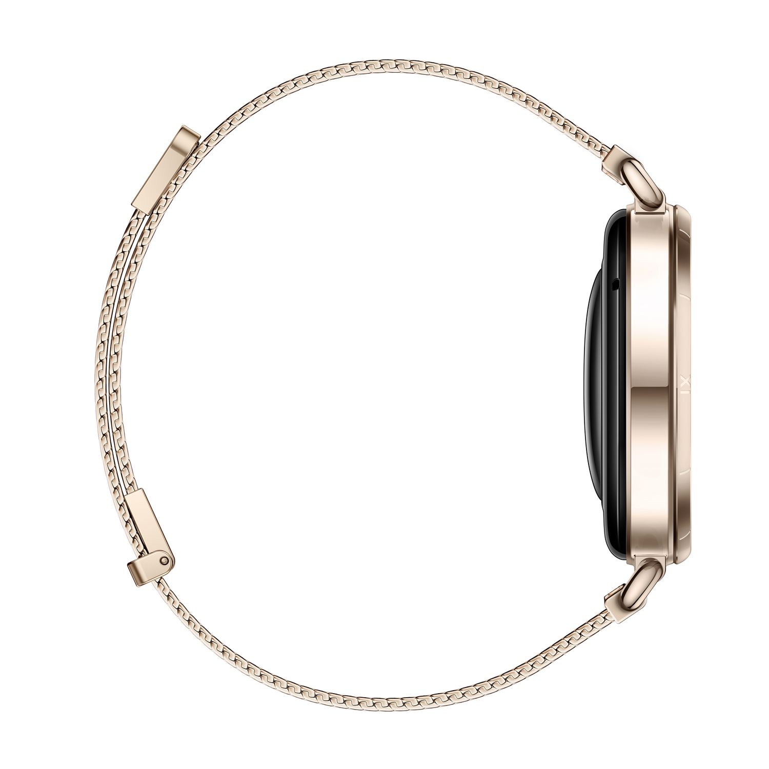 Un reloj inteligente dorado se muestra de lado. Tiene una esfera circular con pantalla negra y una correa de malla dorada.
