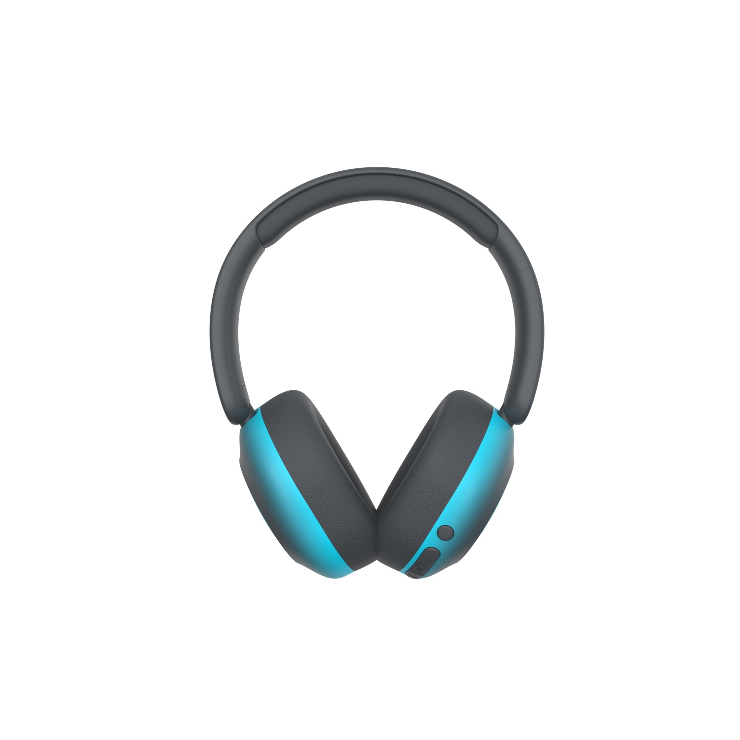 Headphones with a gray band and earcups with a blue stripe. The background is plain white.
