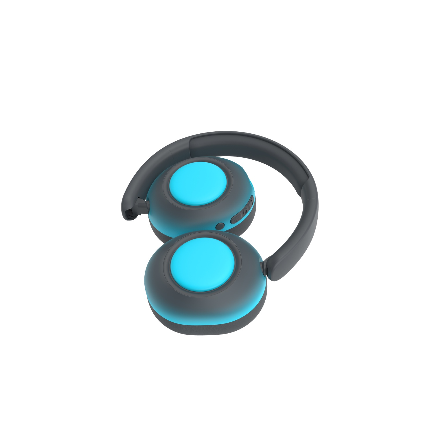 Folded gray headphones with blue ear cups, buttons visible. The background is white.