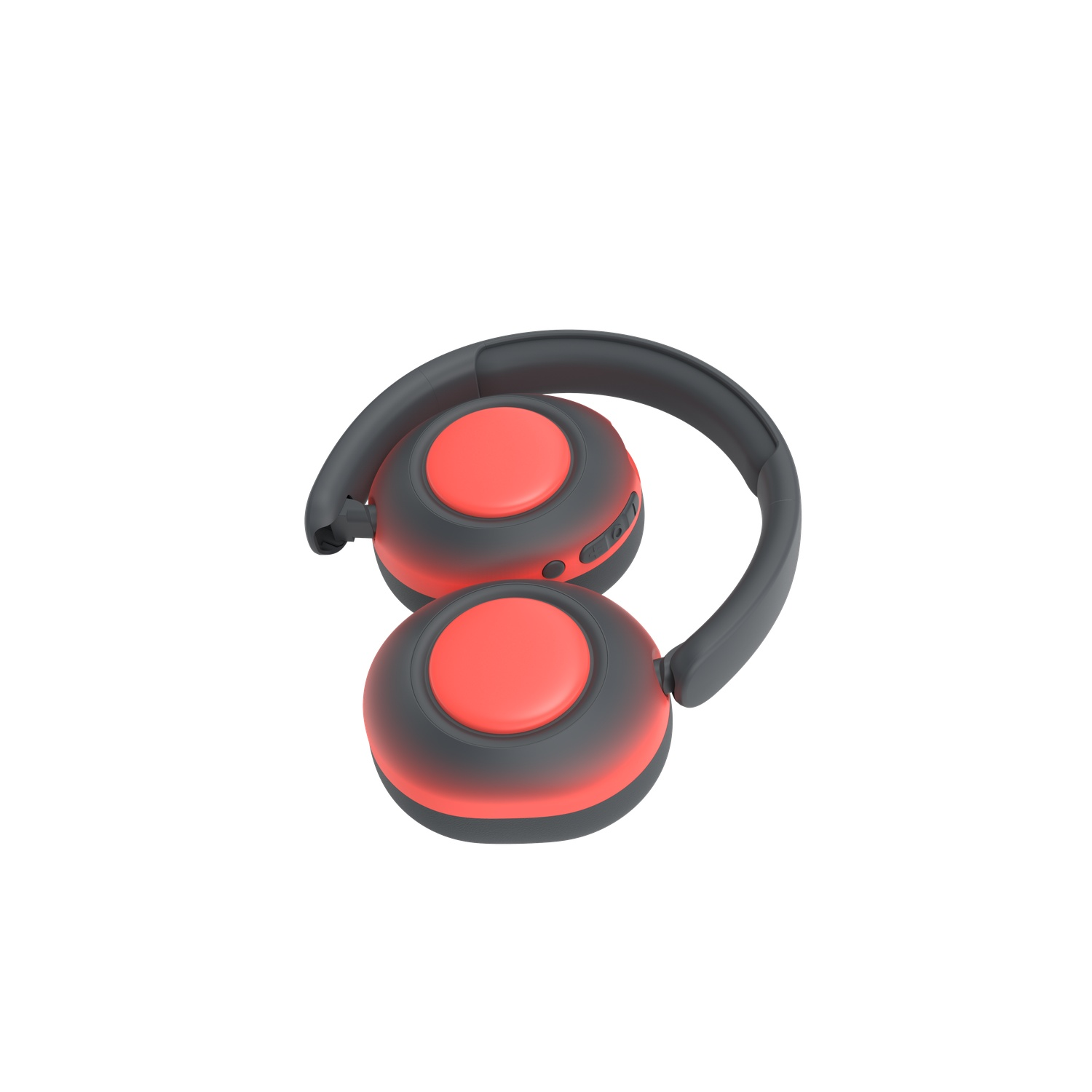 Foldable headphones with red ear cups and gray accents. The background is plain white.