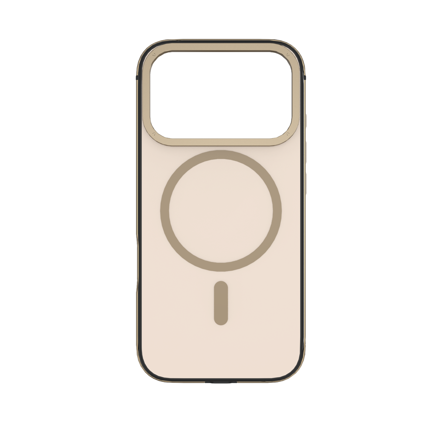 Een mockup van een telefoonhoesje op een witte achtergrond. Het heeft een beige achterkant, een gouden frame en een gouden cirkel met een lijn.