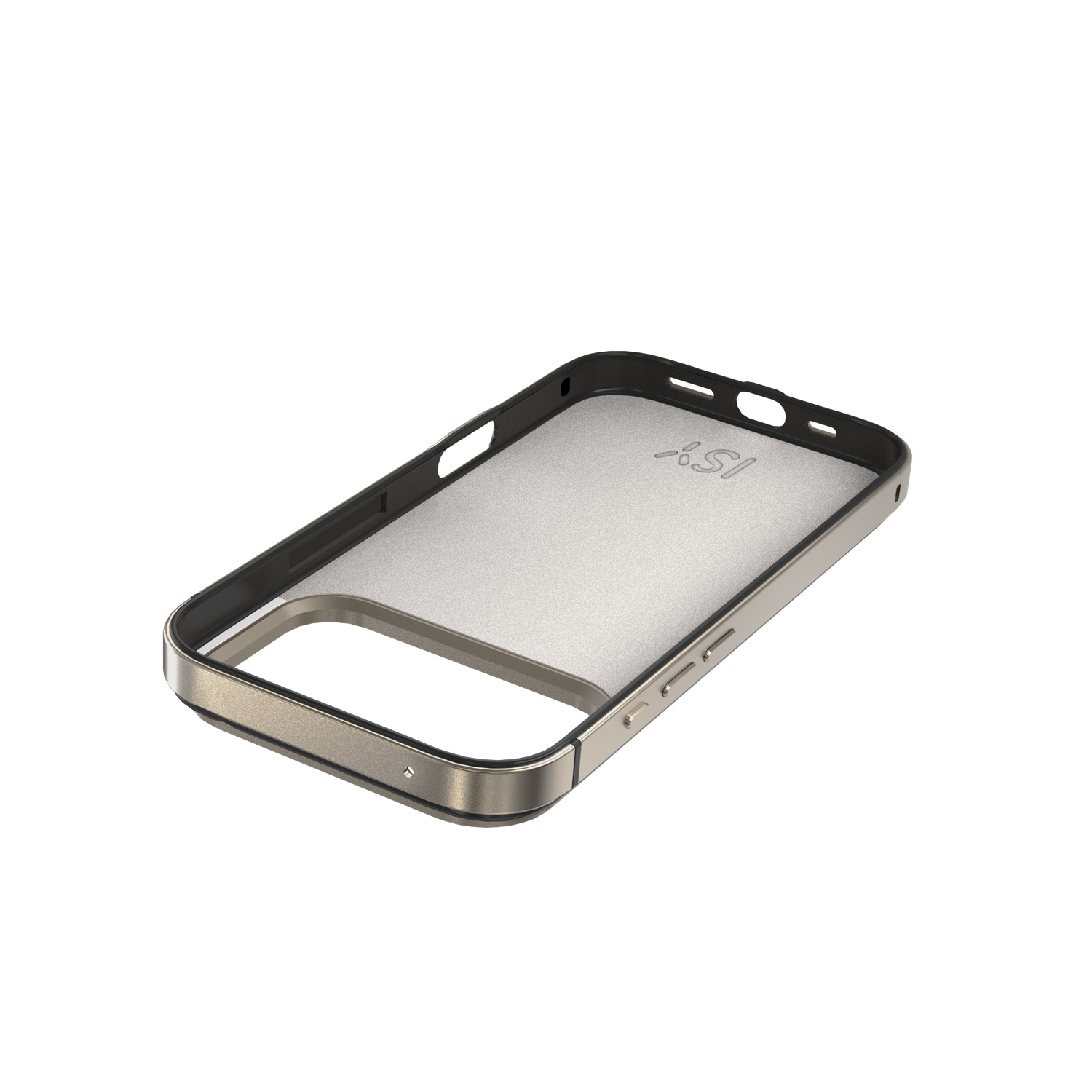 Een smartphonehoesje. Het is gemaakt van zwarte en gouden materialen, met uitsparingen voor de camera en knoppen. De achtergrond is wit.