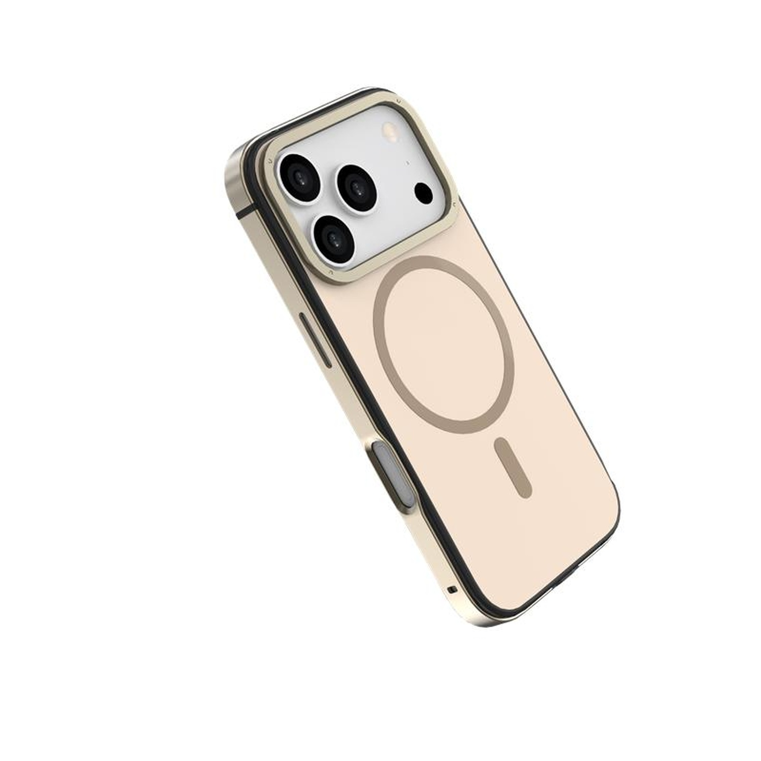 Een gouden iPhone-hoesje, iets schuin. Het heeft een camera-uitsparing met drie lenzen en een MagSafe-cirkel op de achterkant.