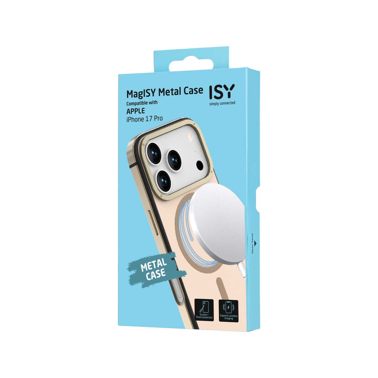 Een telefoonhoesjesdoos met het merk 'MagISY'. De doos bevat een iPhone 17 Pro, een metalen hoesje en details over draadloos opladen.