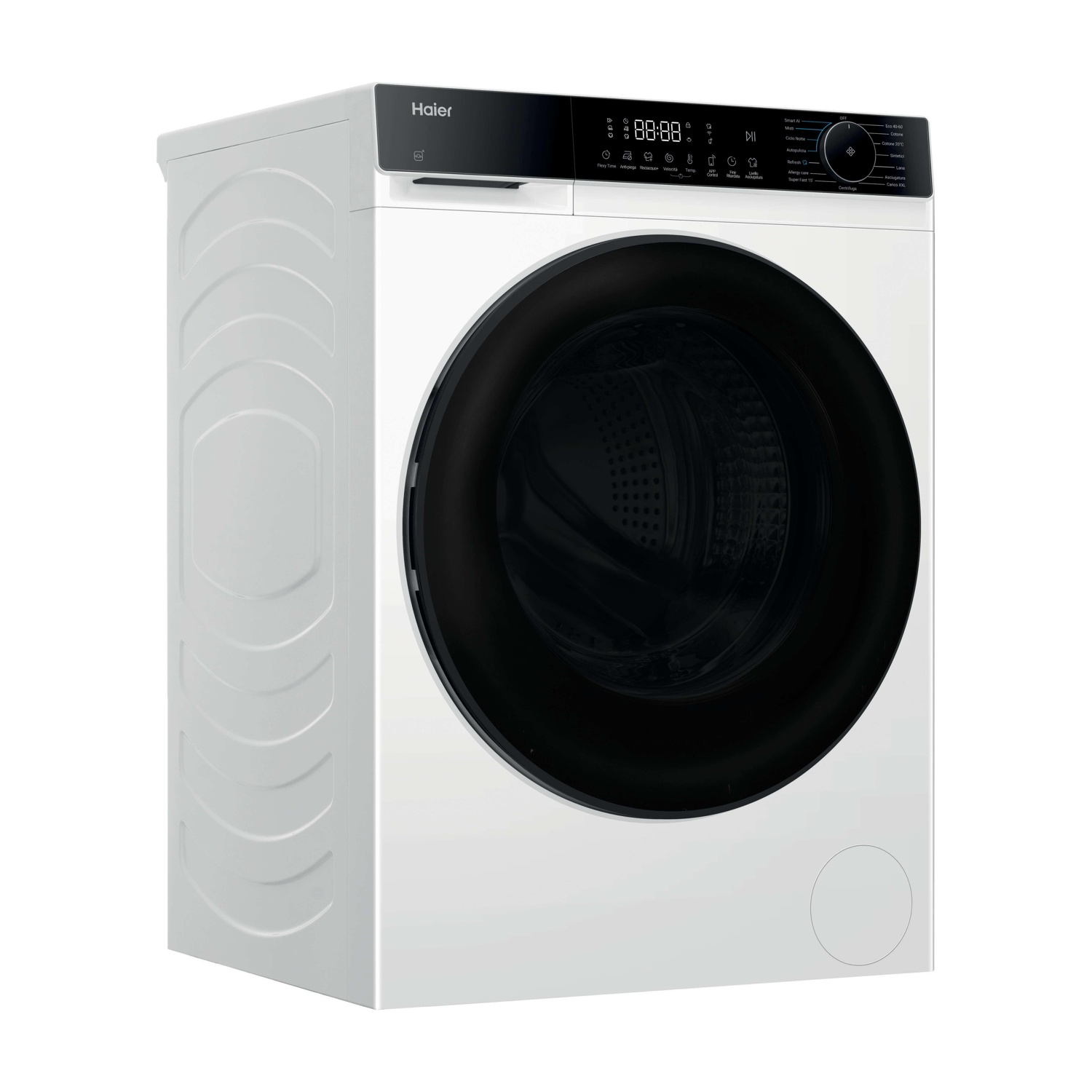 Una lavatrice Haier bianca. Ha una porta e un pannello di controllo neri. Il display mostra '00:00'.