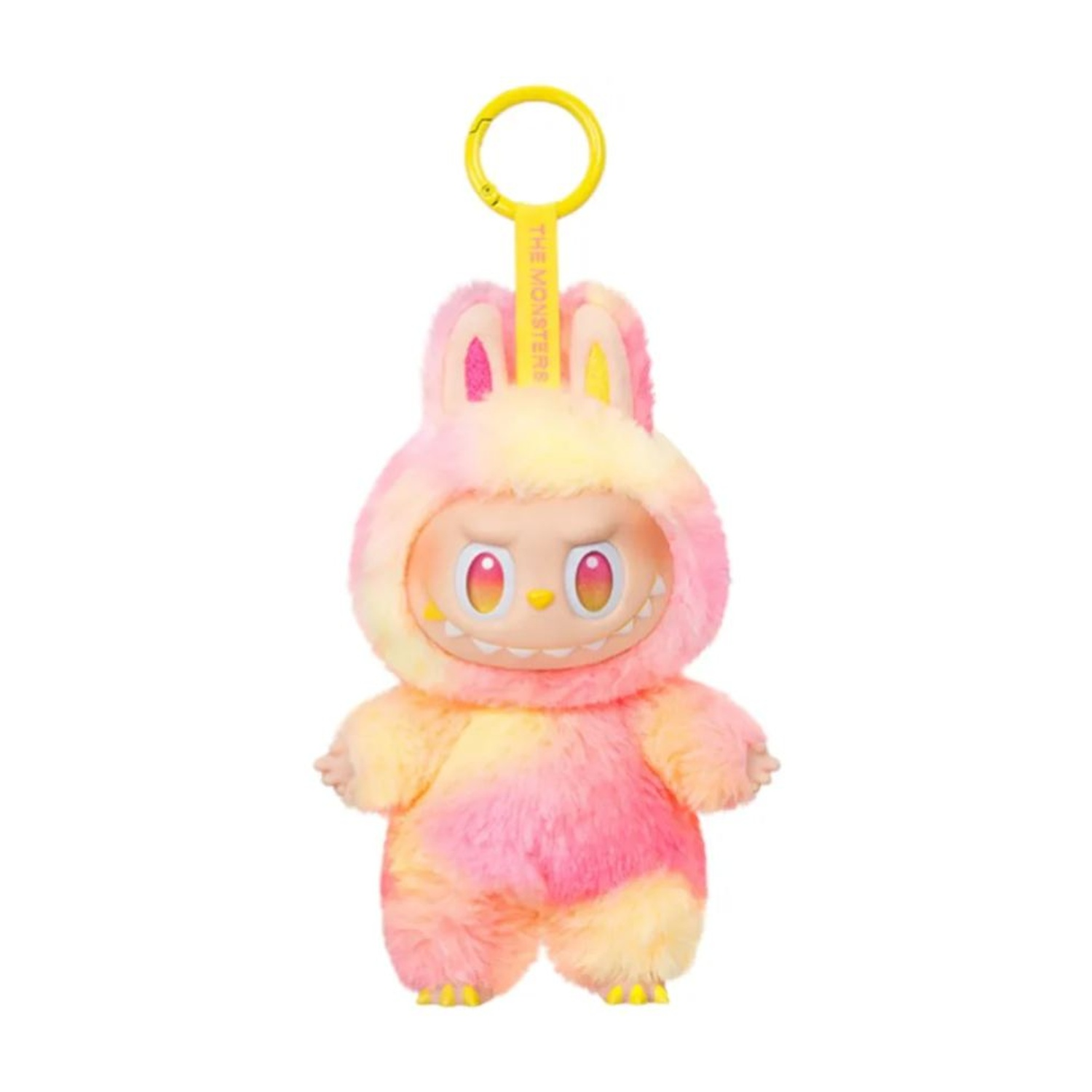 Un peluche in costume da coniglio, con pelliccia rosa, gialla e arancione. Ha un portachiavi giallo e una faccia sorridente.