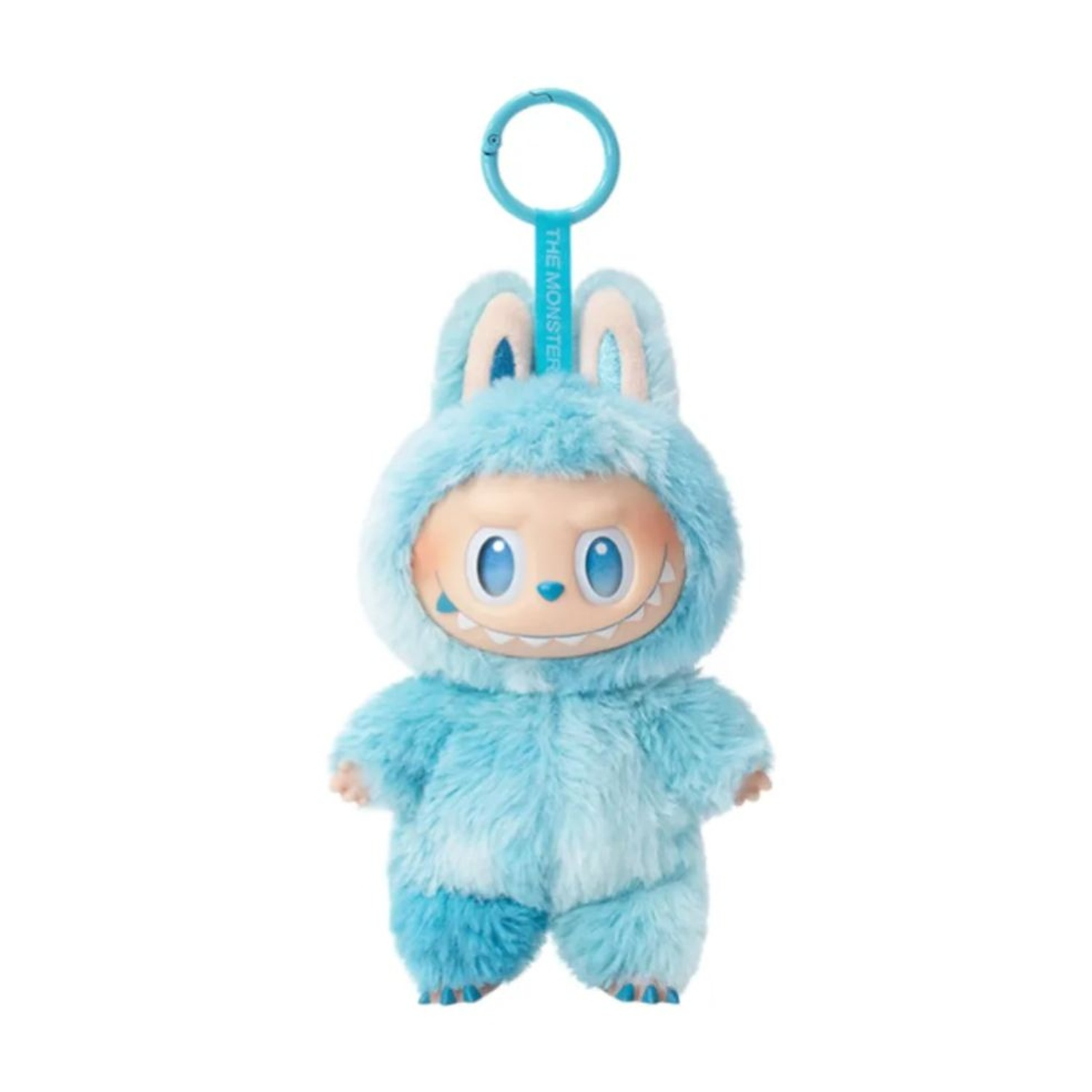 Un peluche blu con un costume da coniglio, con un viso sorridente, occhi blu e un portachiavi.
