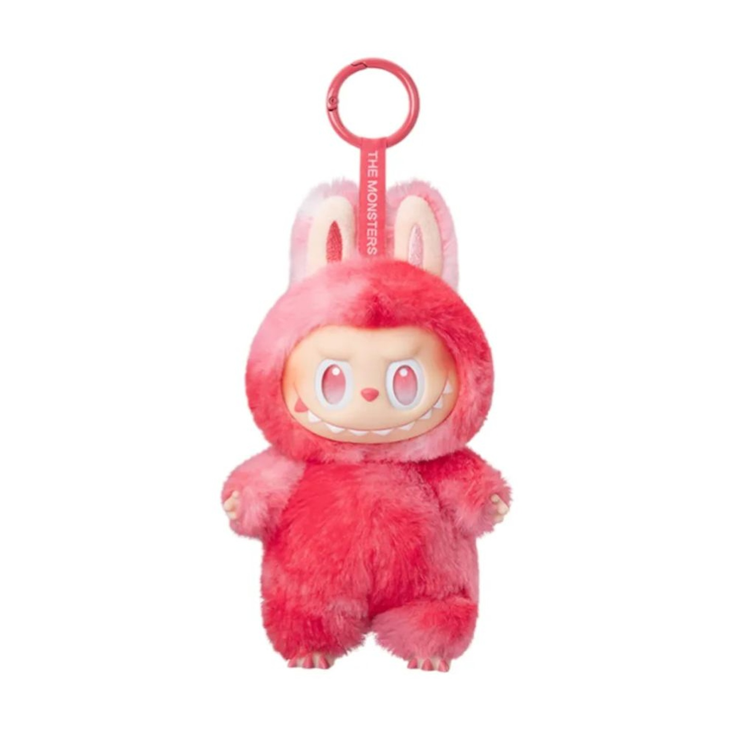 Un peluche con costume da coniglio rosa con portachiavi. Ha un viso sorridente con denti affilati.