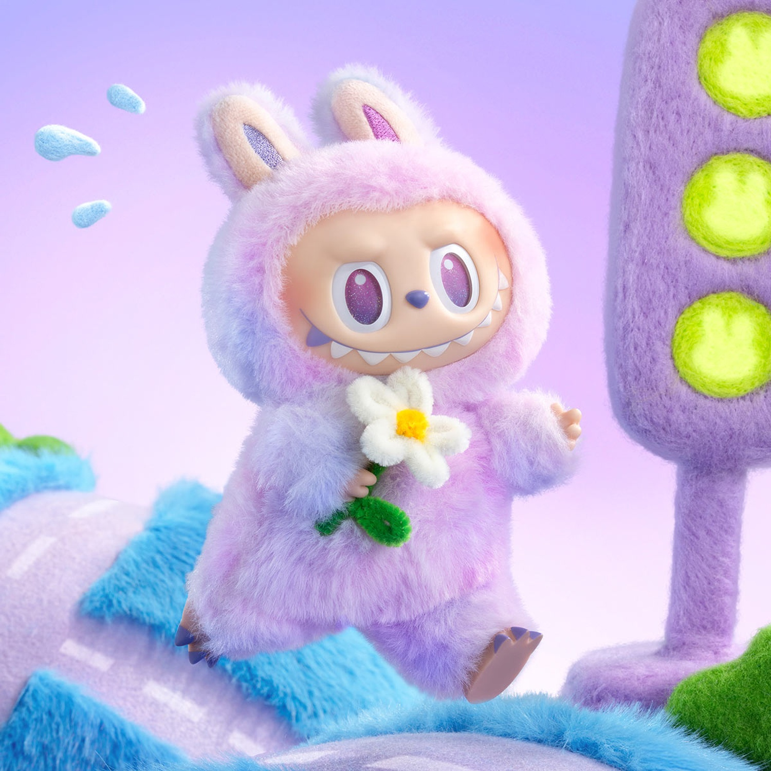 Un peluche in costume da coniglio tiene un fiore. Ha la pelliccia viola, un sorriso e cammina su una superficie morbida blu e viola.