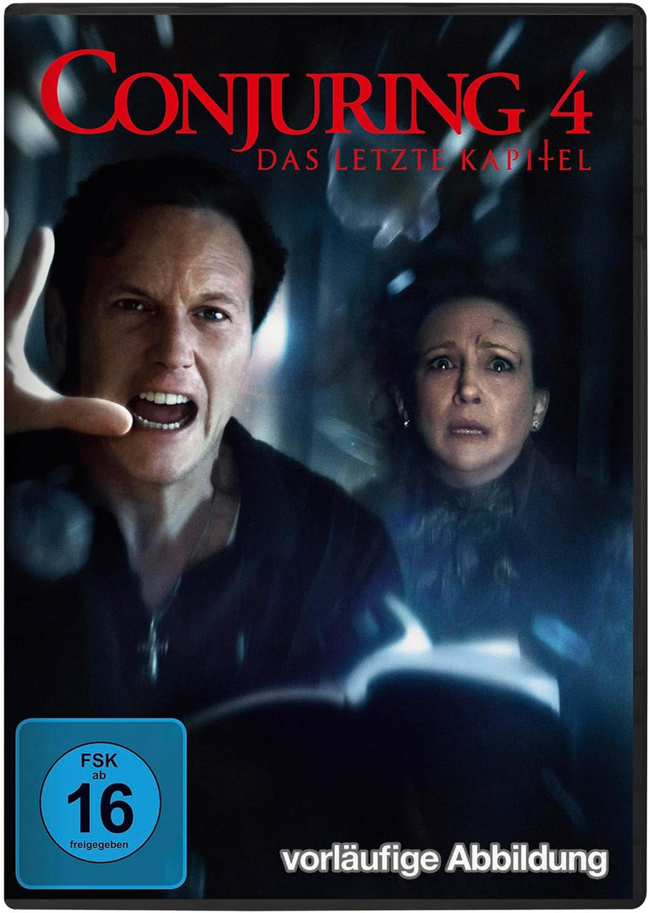Filmcover für Conjuring 4. Ein Mann schreit, Hand erhoben. Eine Frau im Hintergrund sieht verängstigt aus. Roter Titeltext oben.