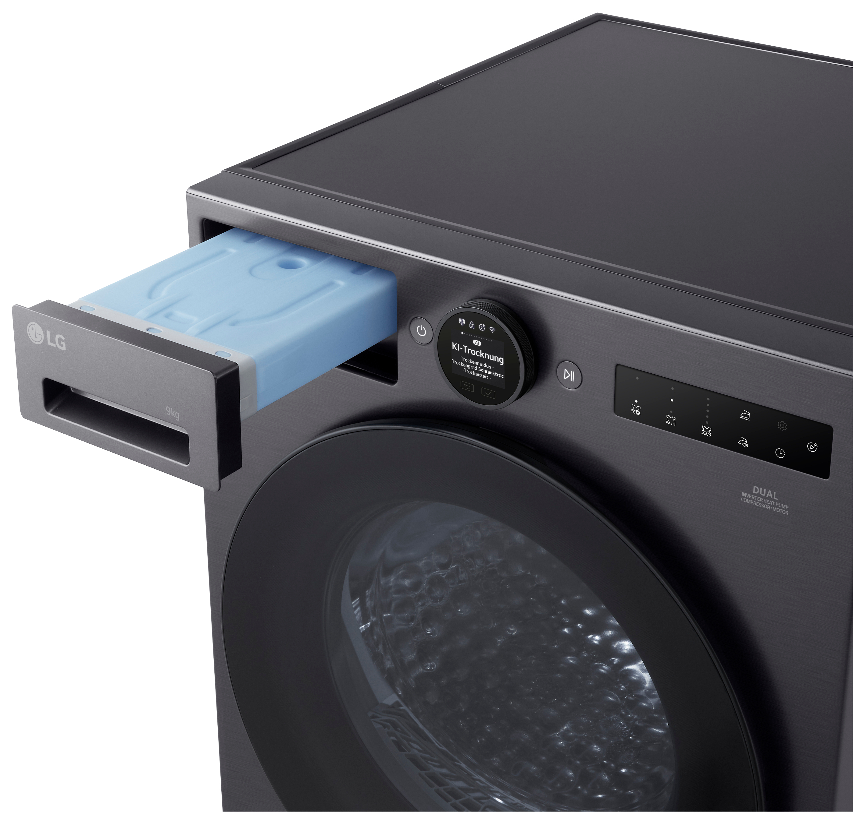 Ein dunkelgrauer LG-Trockner mit geöffneter Schublade für einen blauen Behälter. Es hat ein digitales Display und mehrere Tasten.