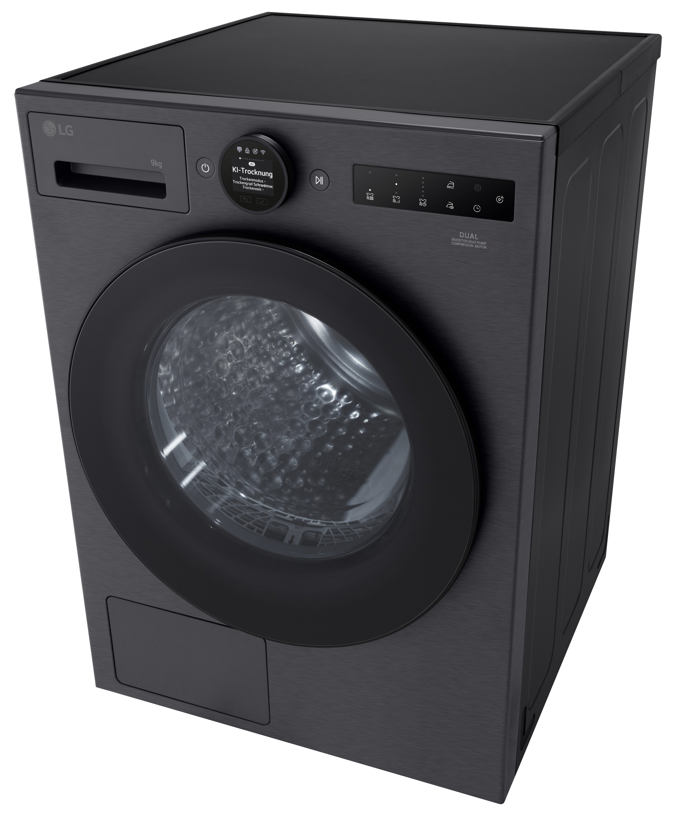 Eine schwarze LG-Waschmaschine. Sie hat eine runde Tür, ein Bedienfeld und eine Schublade für Waschmittel.