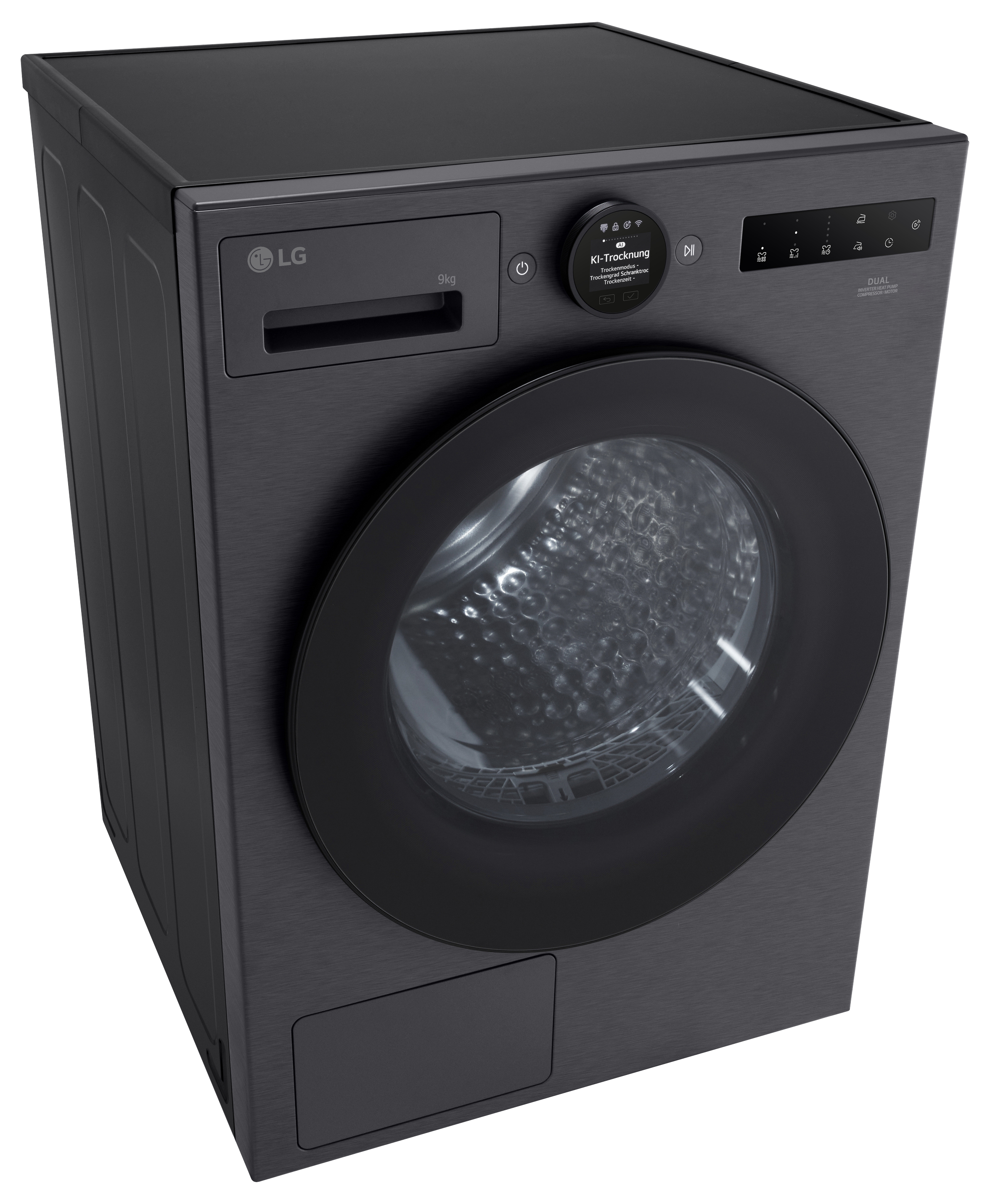 Eine schwarze LG-Waschmaschine mit runder Tür und Bedienfeld, sie zeigt 9 kg und KI-Trocknung.