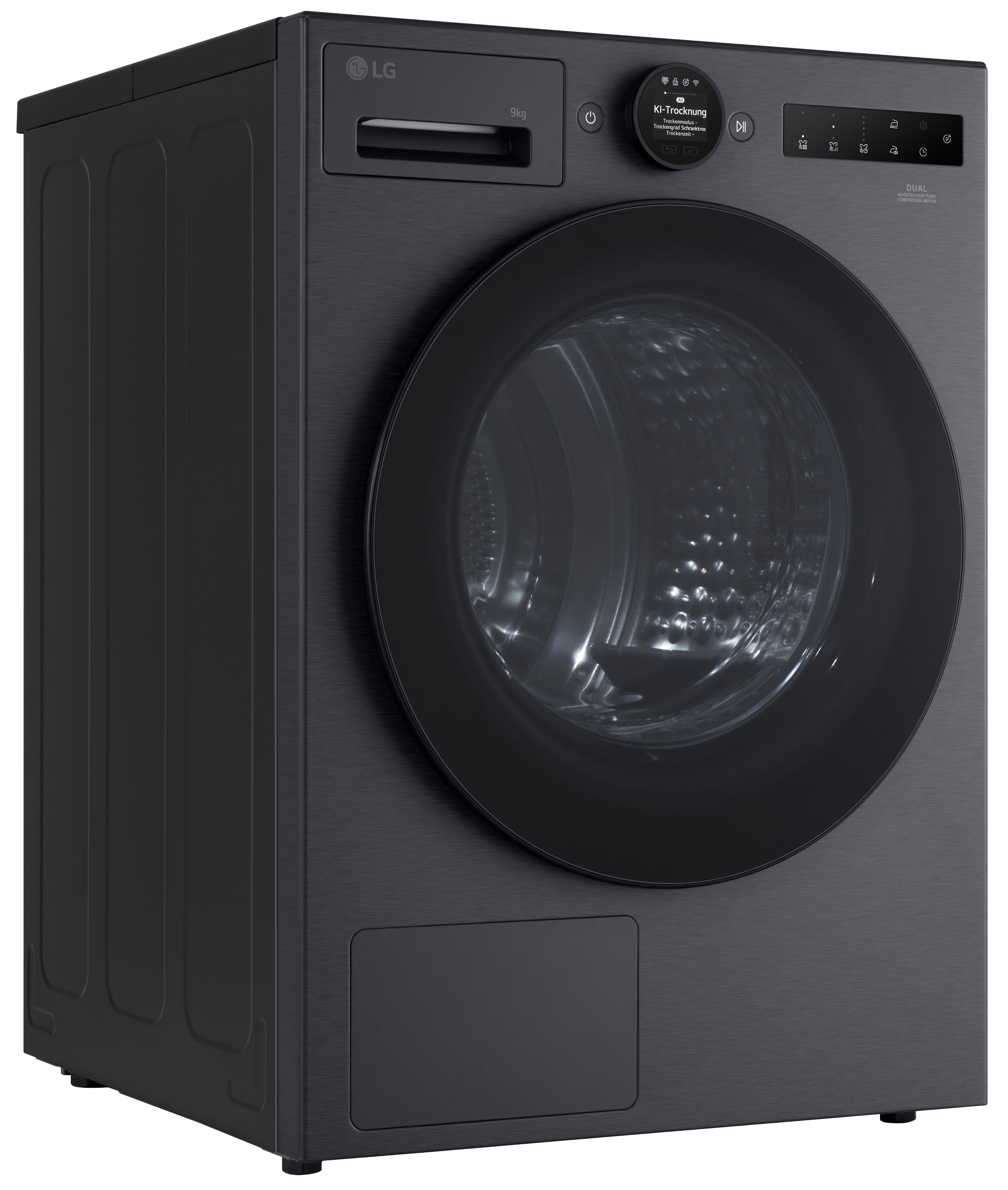 Eine schwarze LG-Waschmaschine mit Glastür, Bedienfeld und Display mit Einstellungen.
