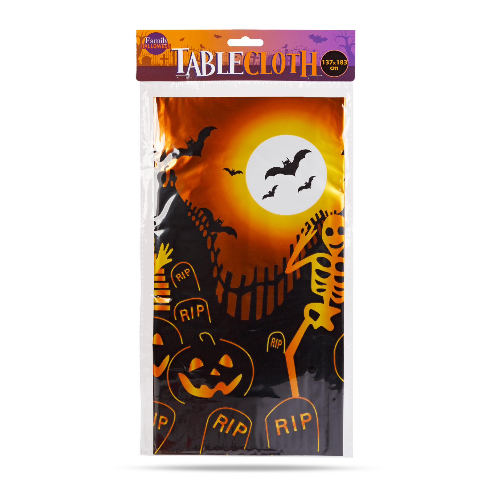 Halloween terítő csomagban. Denevérek, hold, tökök és egy csontváz látható fekete háttéren.