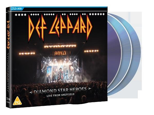 Def Leppard CD-Cover. Die Band tritt live auf der Bühne auf, mit einem Publikum davor. Die CD ist blau und weiß.