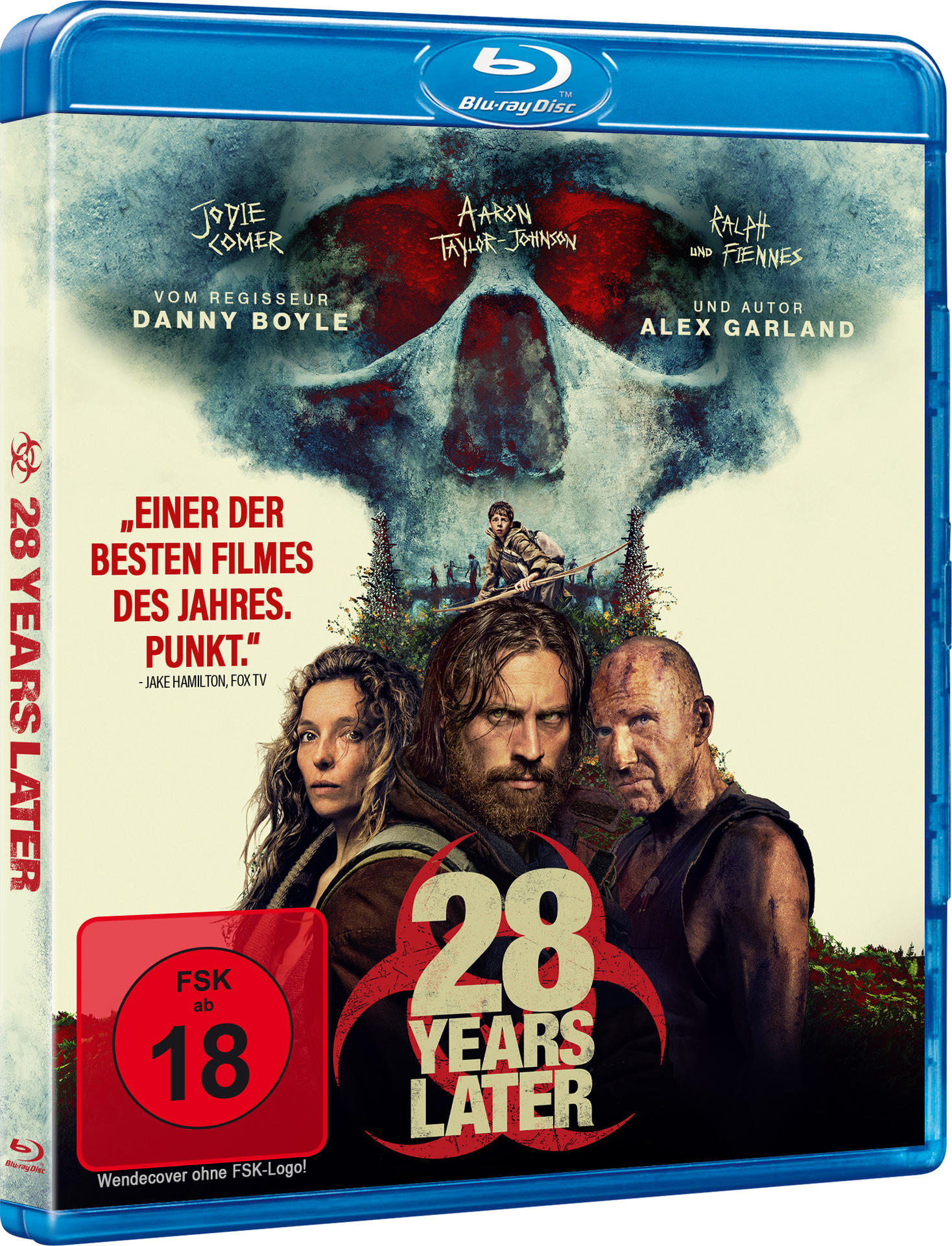 Blu-ray-Cover für '28 Years Later'. Enthält Schauspieler, einen Schädel und den Filmtitel. Rote FSK 18-Einstufung. Blu-ray Disc-Logo.