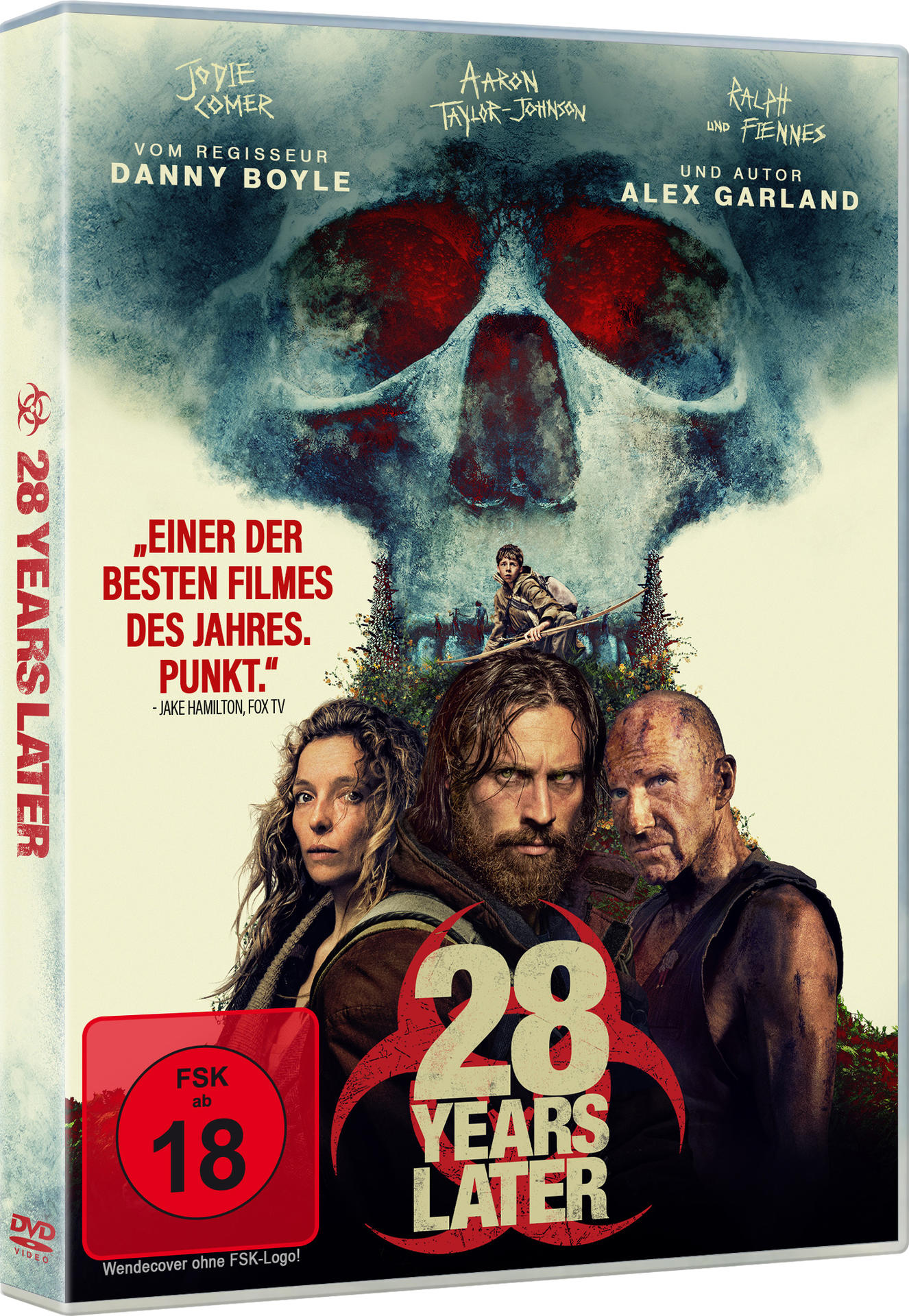 DVD-Cover von '28 Years Later'. Mit Schauspielern, Schädelkunst und FSK 18. Text enthält Regie- und Autorennamen.