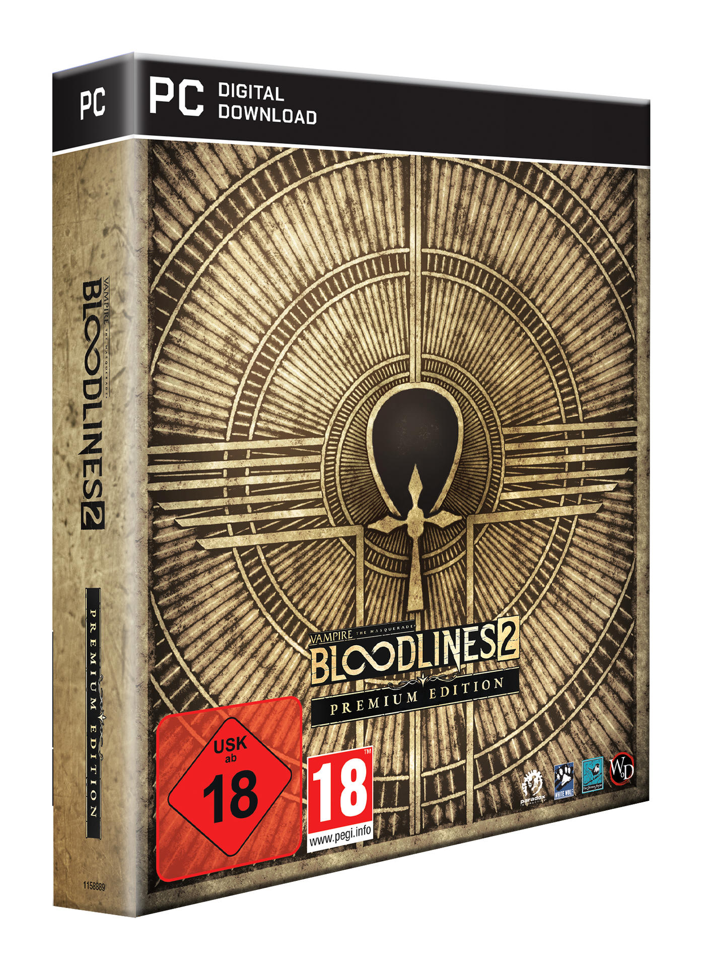 Vampire: The Masquerade - Bloodlines 2 Premium Edition PC-Spielbox mit Ankh-Symbol.