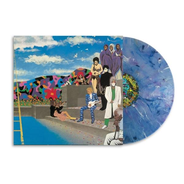 Albumcover mit Figuren auf einer Bühne und einer blauen Schallplatte. Bunte Hintergrund. Musiker und Publikum.