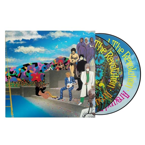 Pochette d'album avec des personnages sur des marches, ciel bleu en arrière-plan. Un disque vinyle est à droite. Art coloré et personnages au premier plan.
