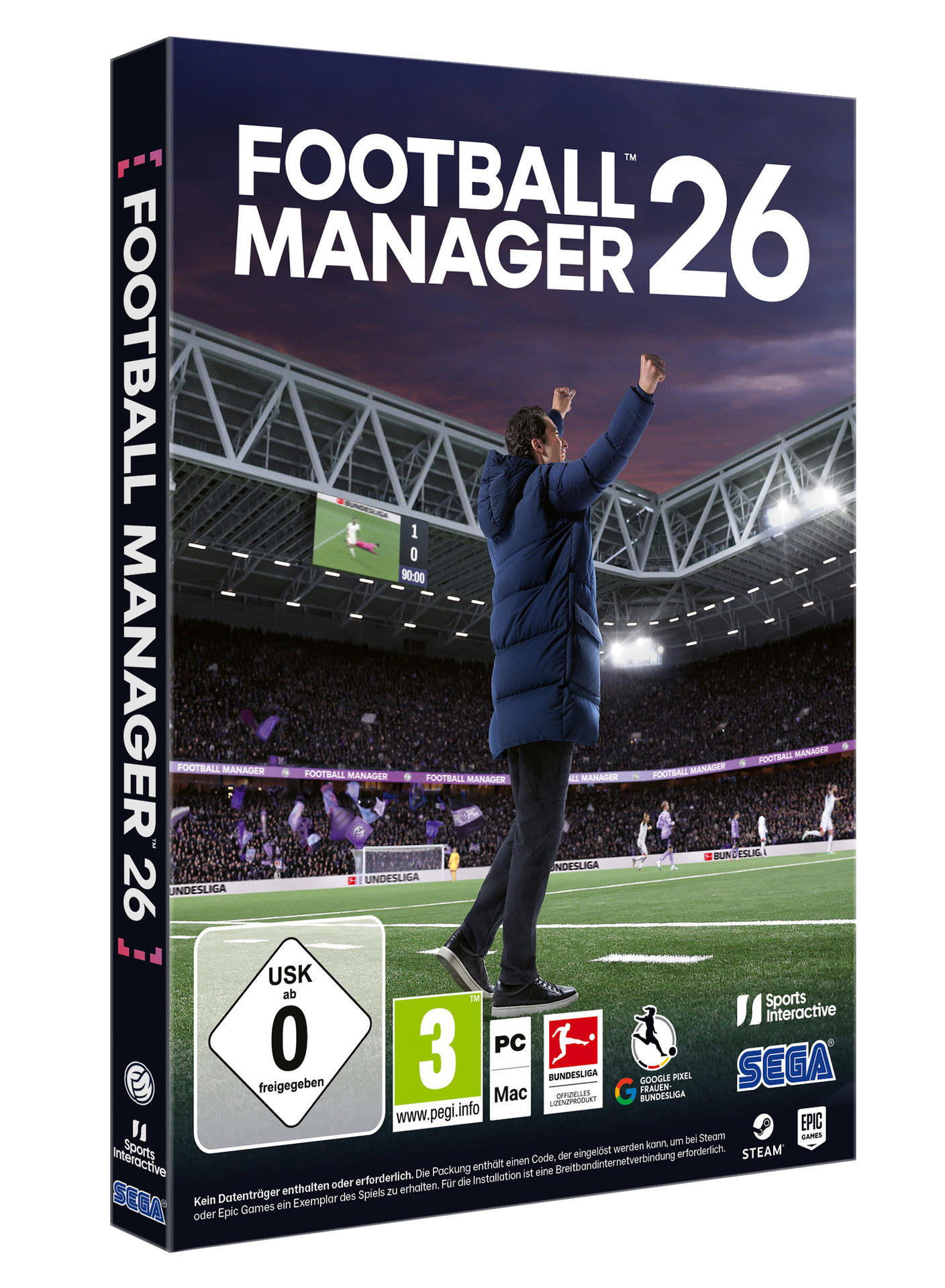 Verpackung von Football Manager 26 mit jubelndem Trainer vor einem Fußballstadion.