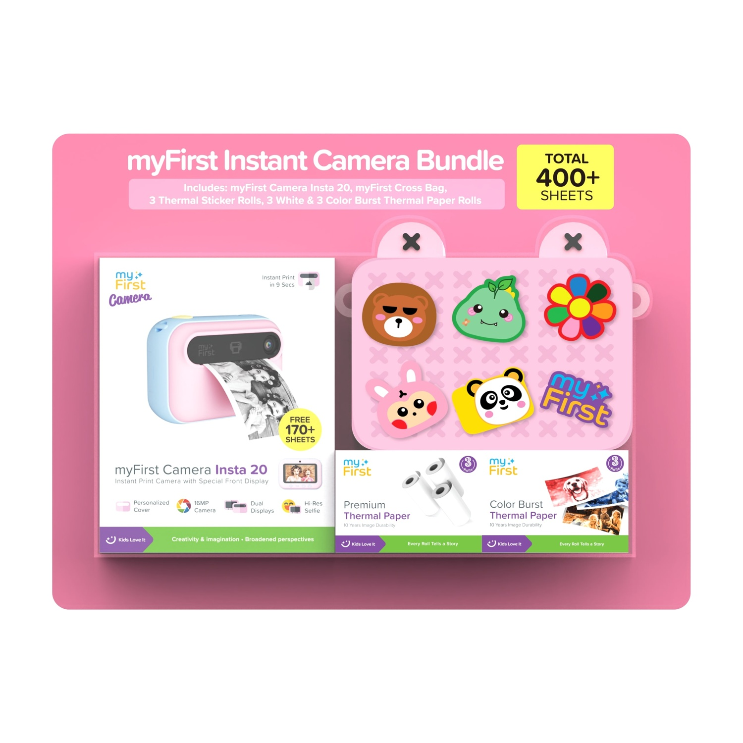 Viene visualizzato un bundle di fotocamere istantanee myFirst, con una fotocamera, rotoli di adesivi e carta termica, con disegni di personaggi dei cartoni animati.