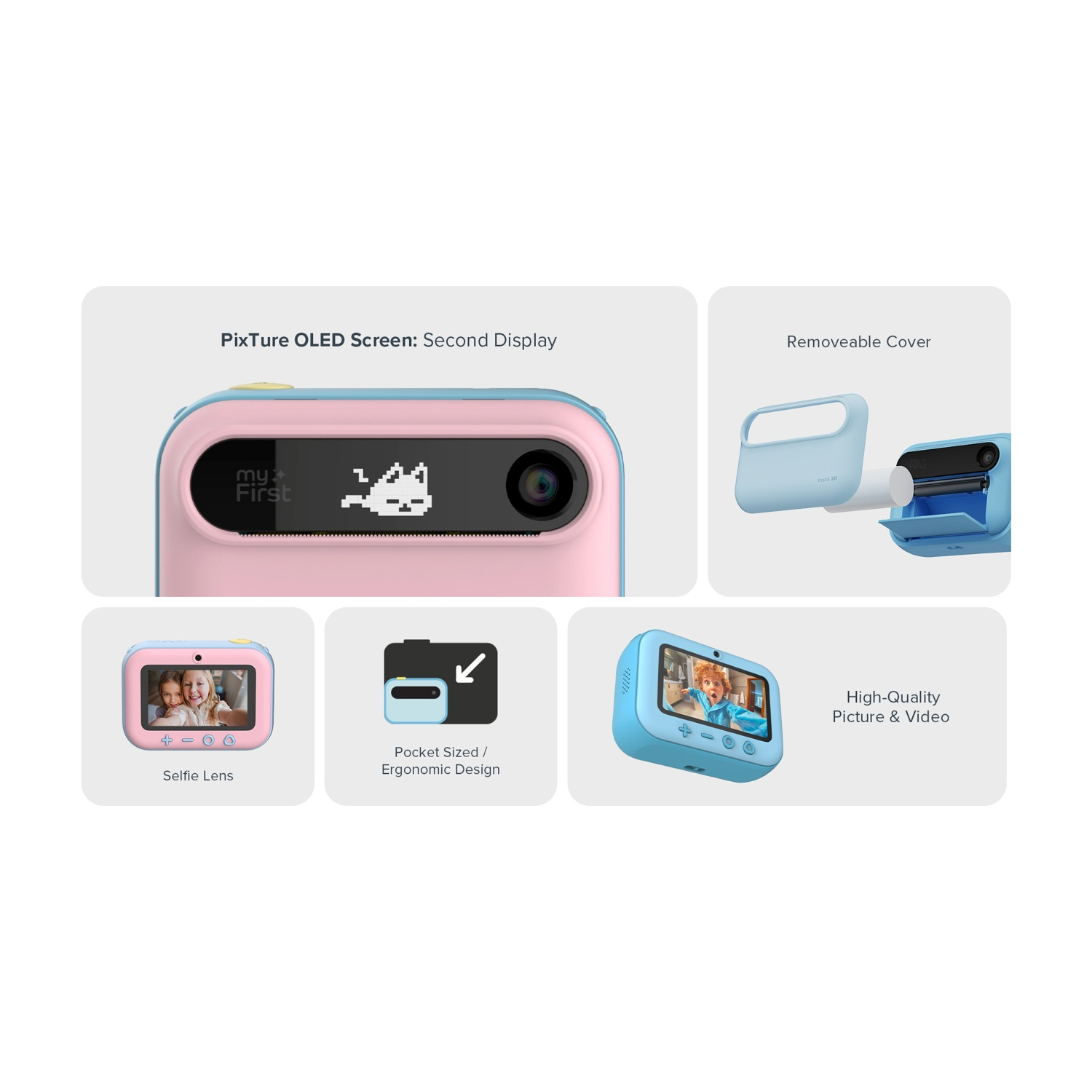 Una fotocamera rosa e blu con un secondo display, un coperchio rimovibile e un obiettivo per selfie. Mostra anche immagini e video di alta qualità.