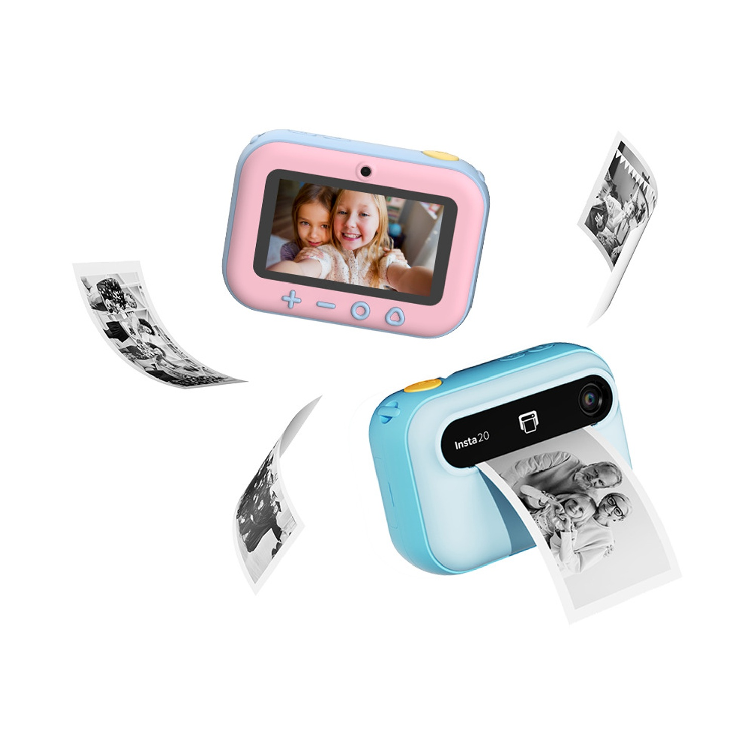 Due fotocamere giocattolo, una rosa e una blu, con foto stampate. La fotocamera rosa mostra due ragazze. La fotocamera blu stampa una famiglia.